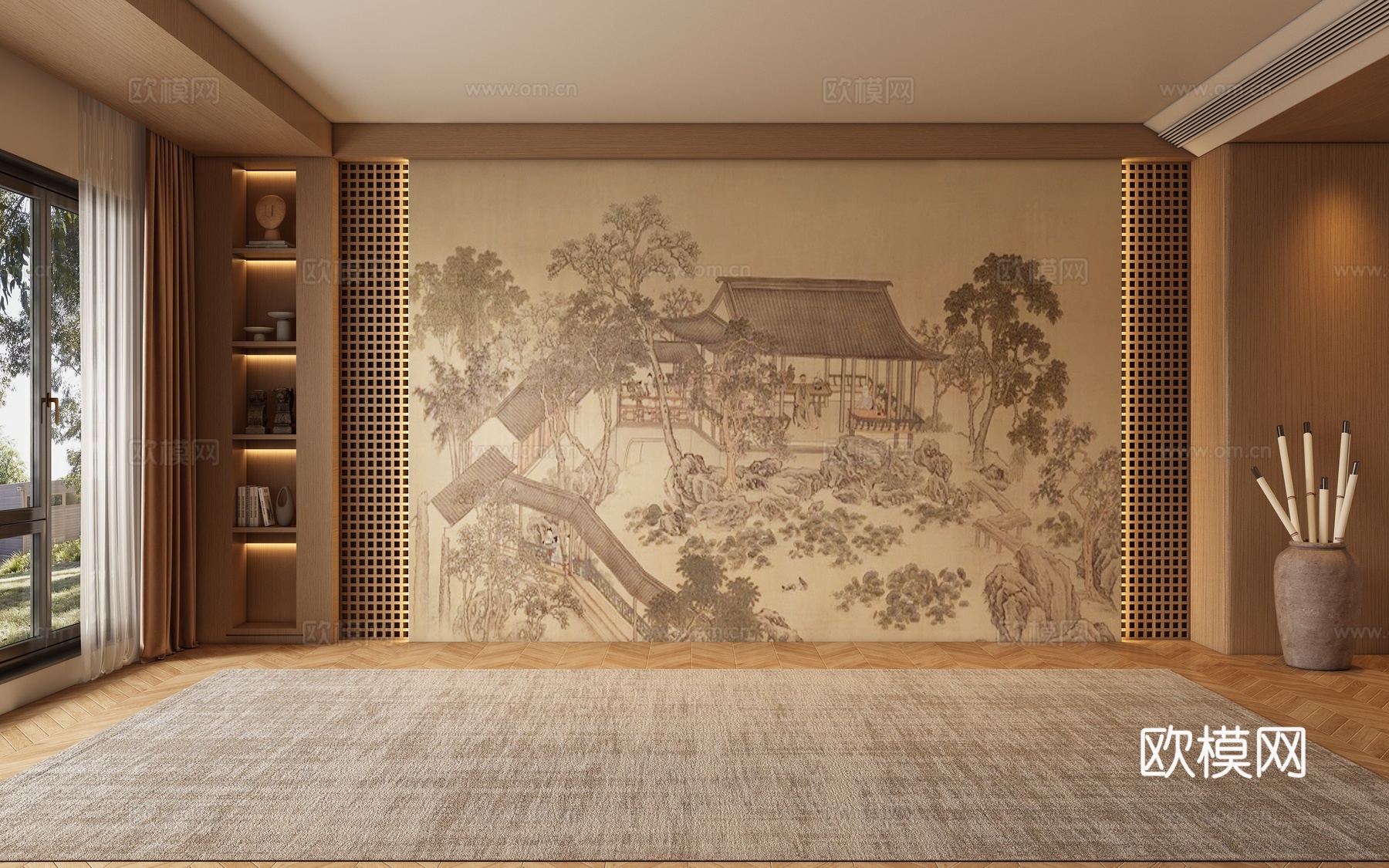 宋式 新中式客厅背景墙3d模型