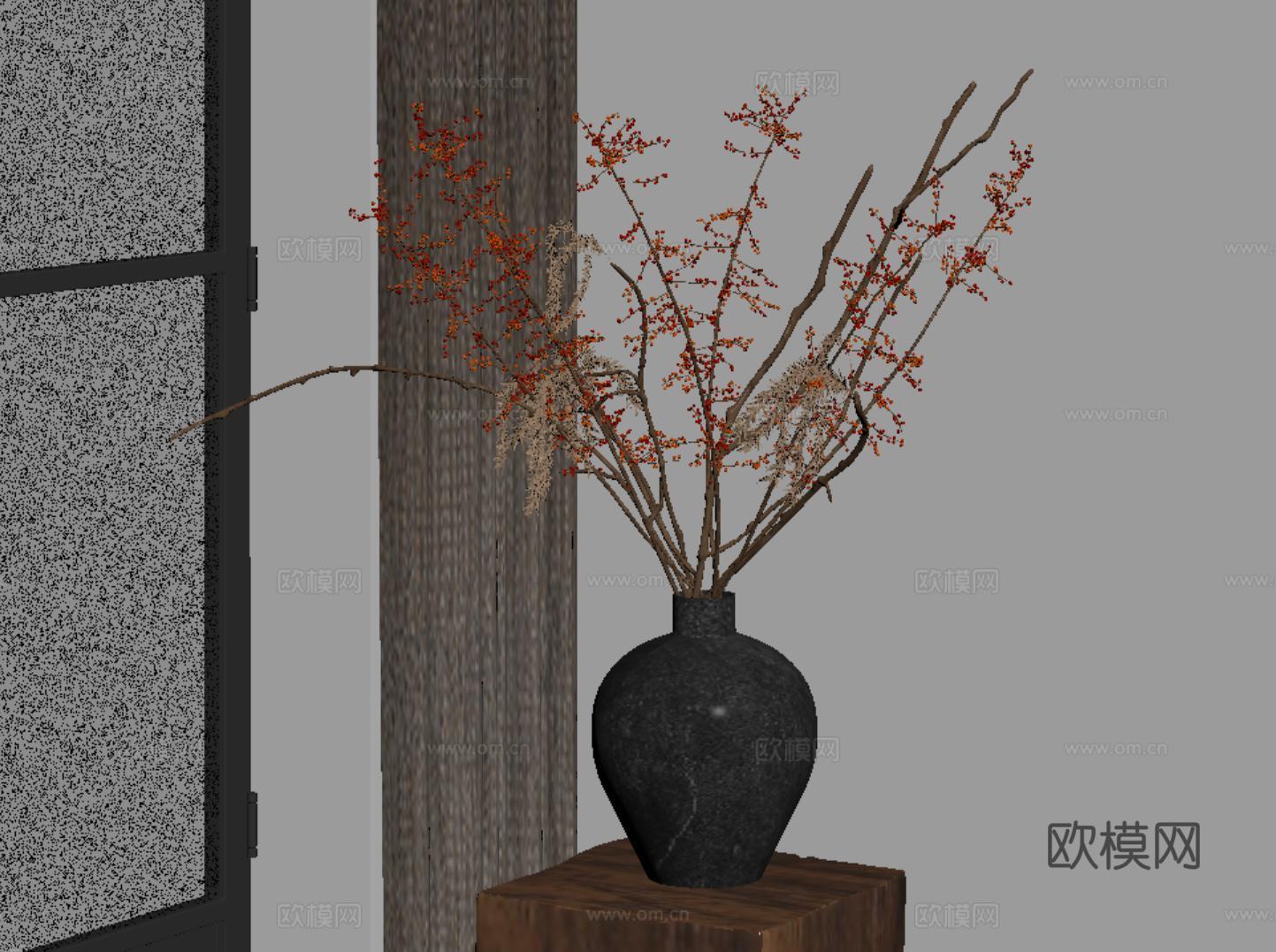 中古风花瓶花艺 干支 红浆果 干花干果su模型