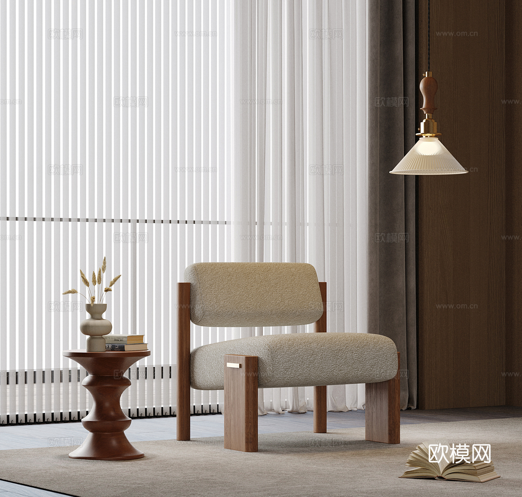 中古风单人沙发 边几圆几 小吊灯su模型