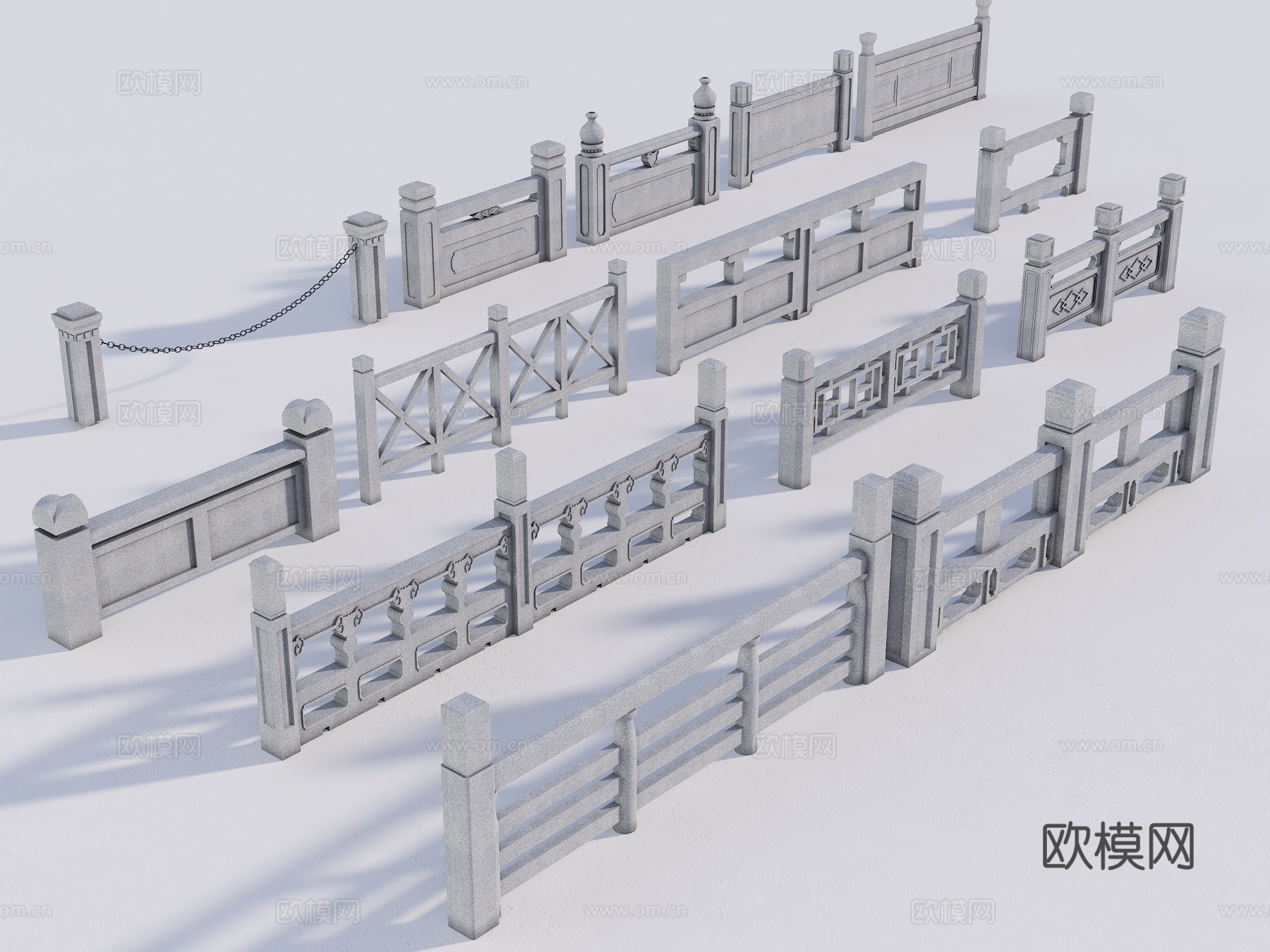 中式石栏杆 桥栏杆 河道栏杆 铁链栏杆 景观栏杆 护栏 围栏3d模型