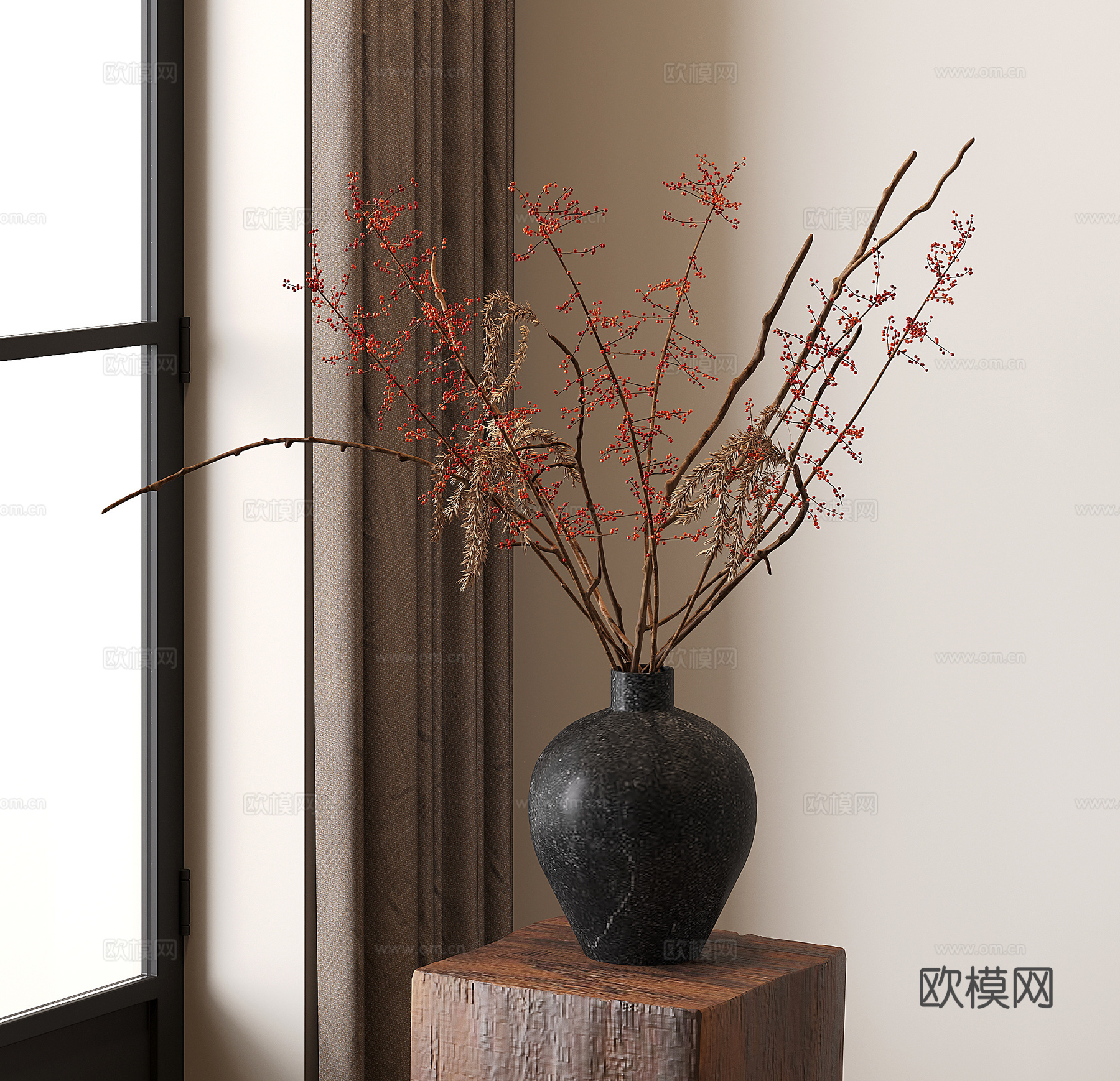 中古风花瓶花艺 干支 红浆果 干花干果3d模型