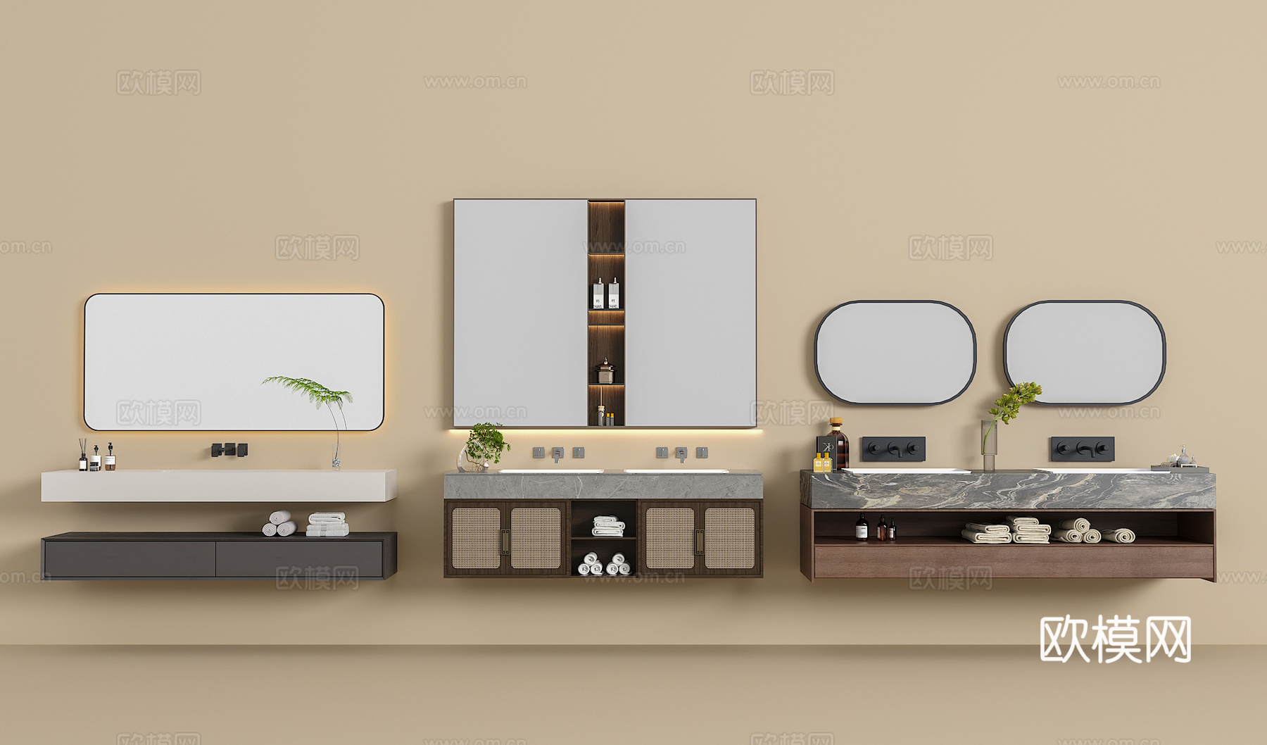 浴室柜组合 卫浴用品摆件 洗手盆 绿植 水龙头 镜柜3d模型