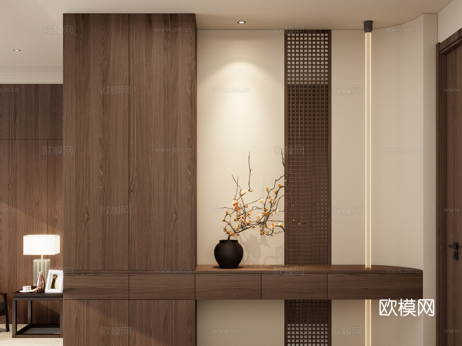 宋式 禅意 实木隔断 线性灯 端景 隔断 花瓶 玄关3d模型