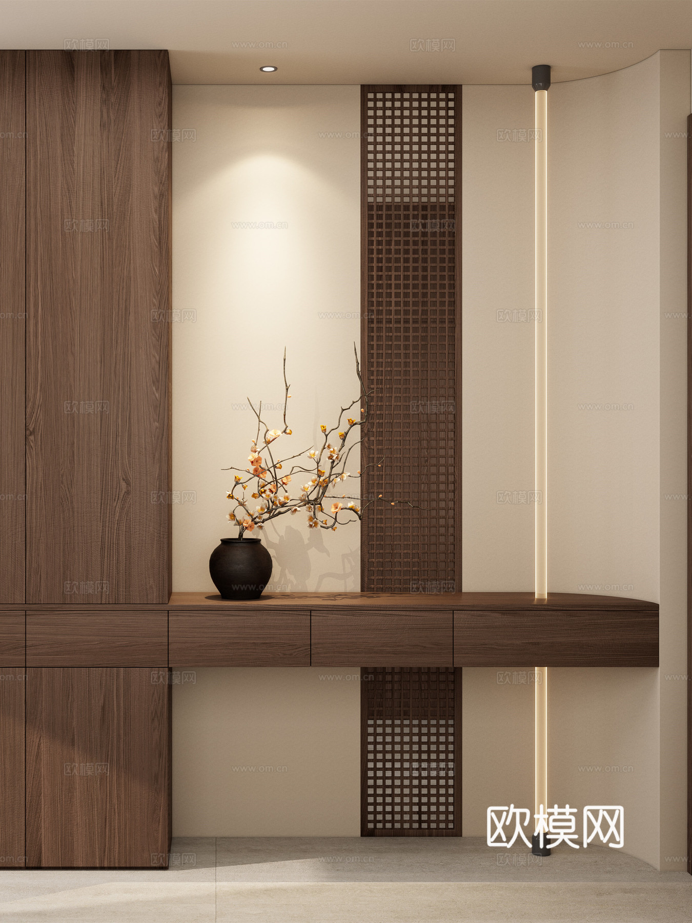 宋式 禅意 实木隔断 线性灯 端景 隔断 花瓶 玄关3d模型