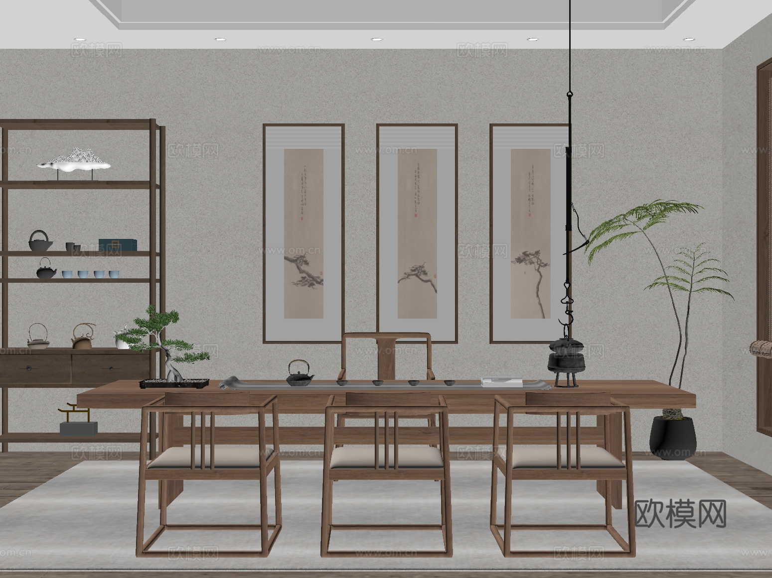 茶室 新中式茶室 禅意茶室 茶桌椅 博古架su模型