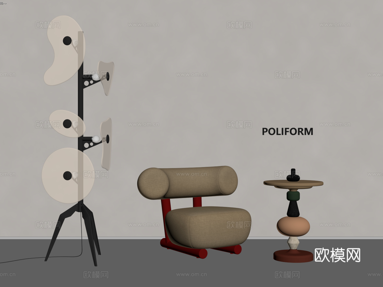 中古风休闲沙发 落地灯su模型下载（渲染图2）