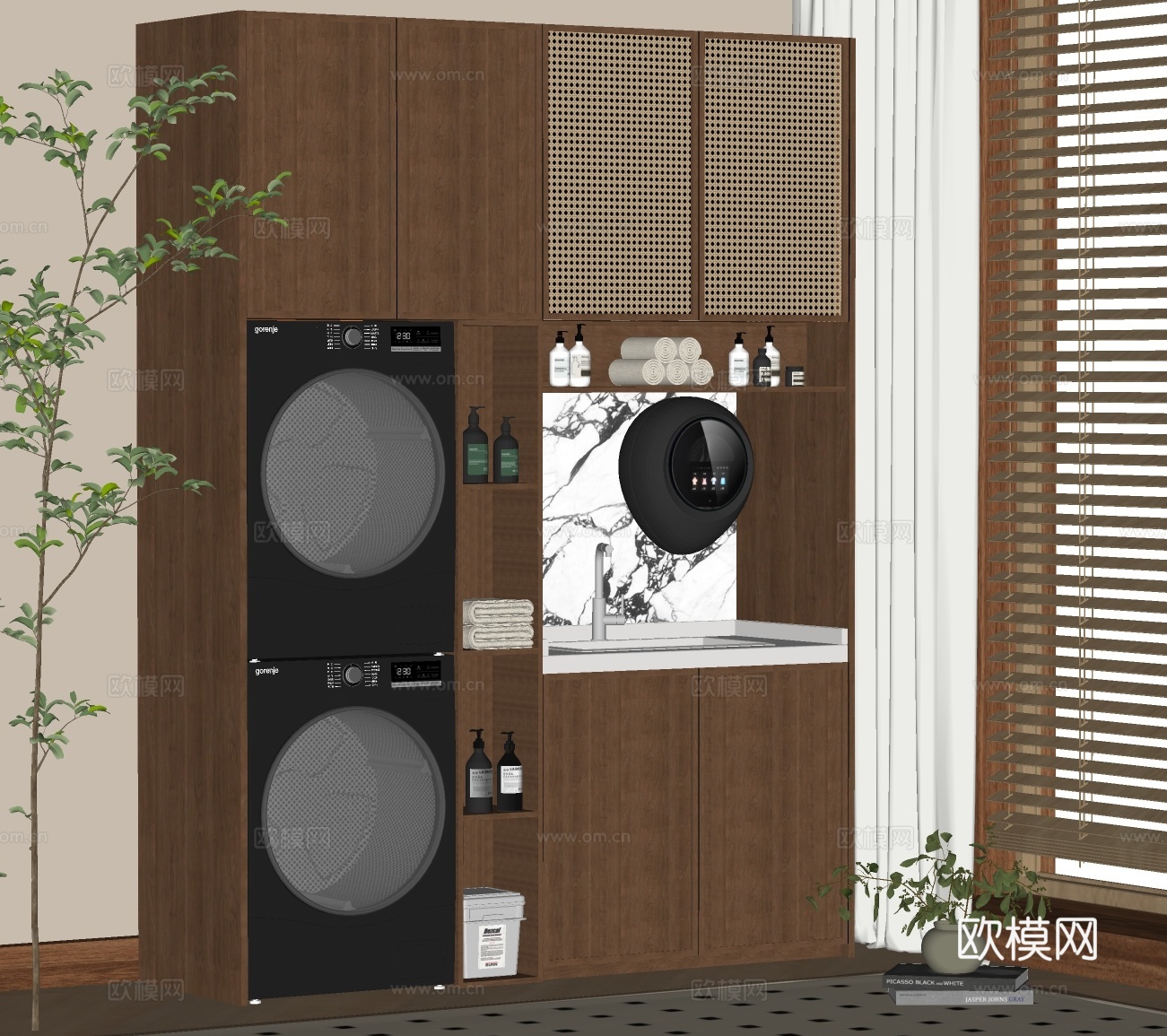 中古风浴室柜 洗手台 洗衣机柜su模型