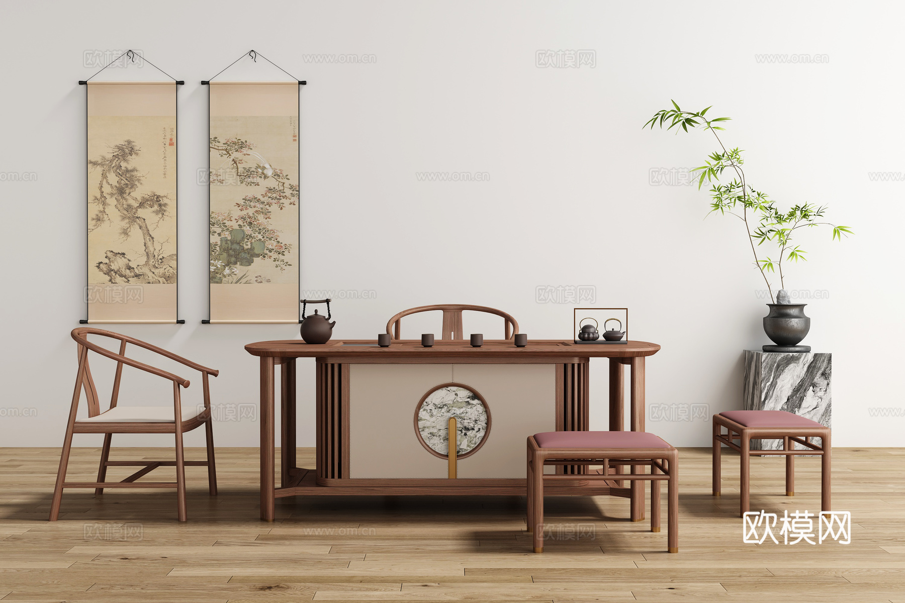 新中式茶桌椅3d模型