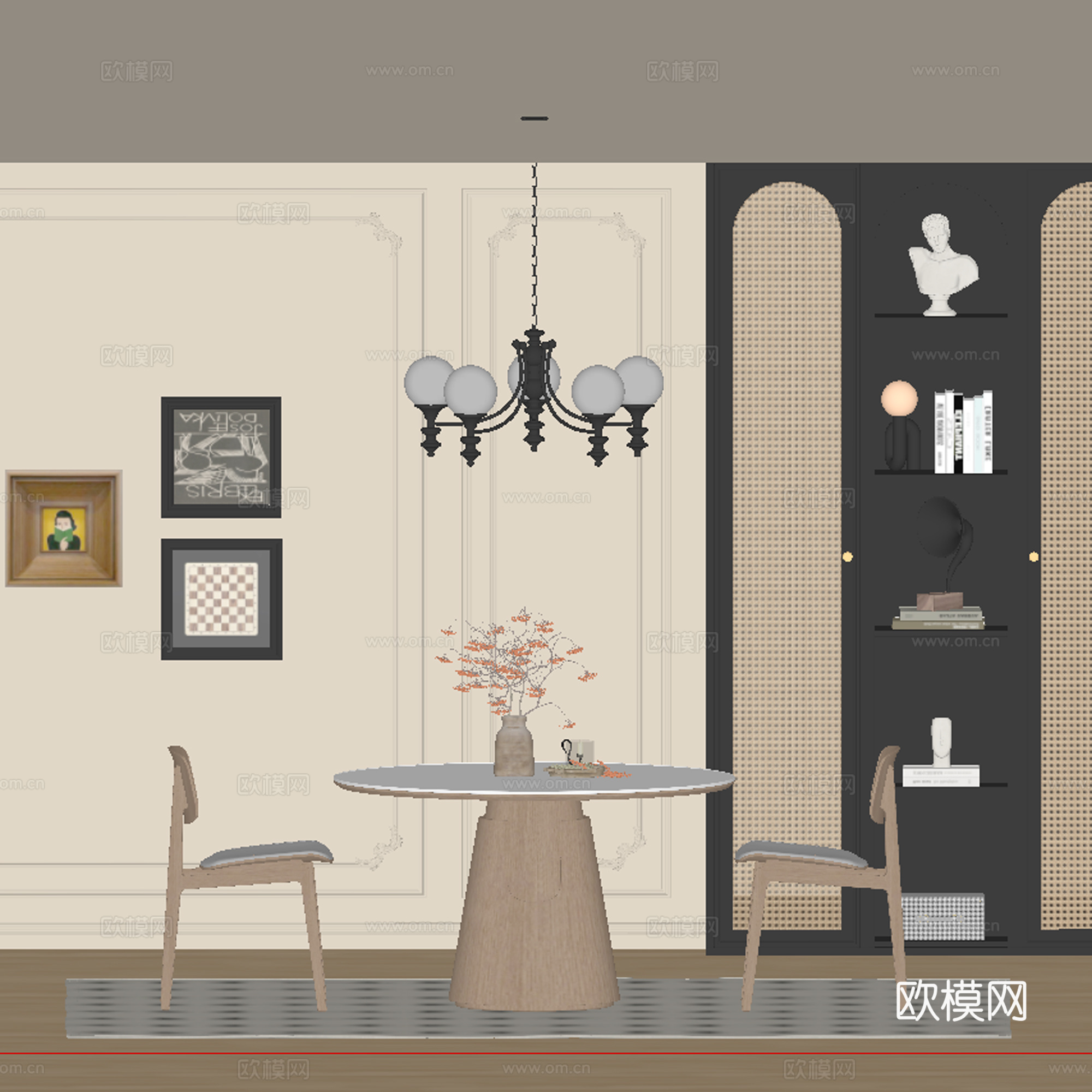 中古风餐厅 餐桌椅su模型