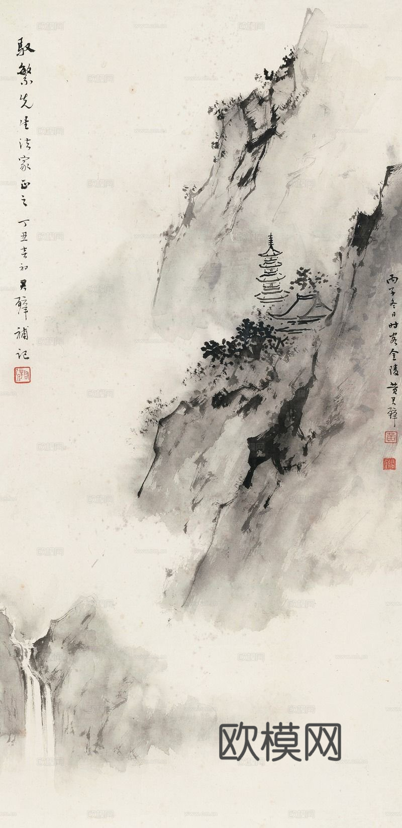 中式深灰国画装饰画贴图