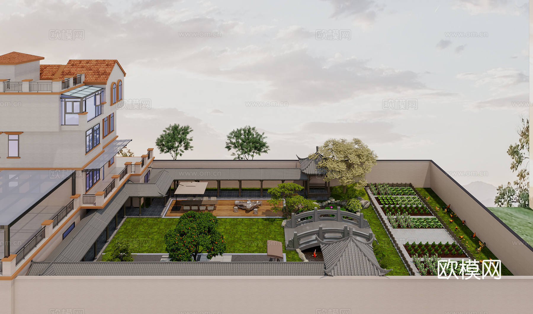 新中式庭院 别墅庭院景观 鱼池水景  新中式回廊3d模型