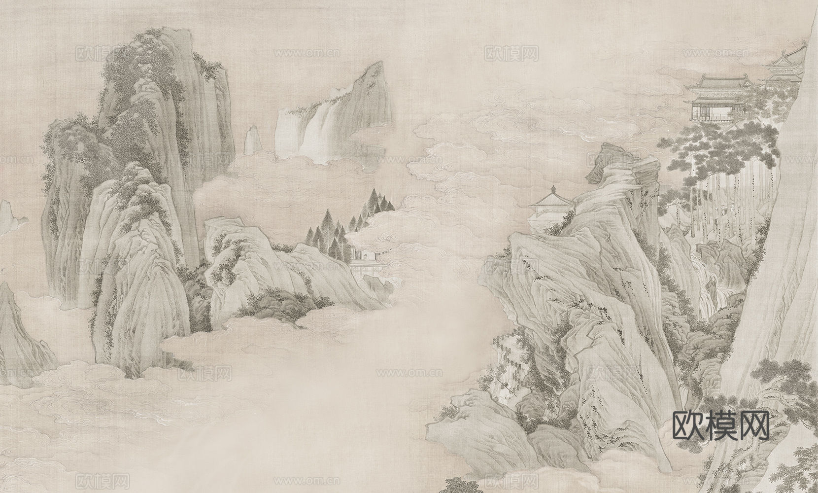 中式山水建筑壁纸壁画 新中式山水建筑壁纸壁画