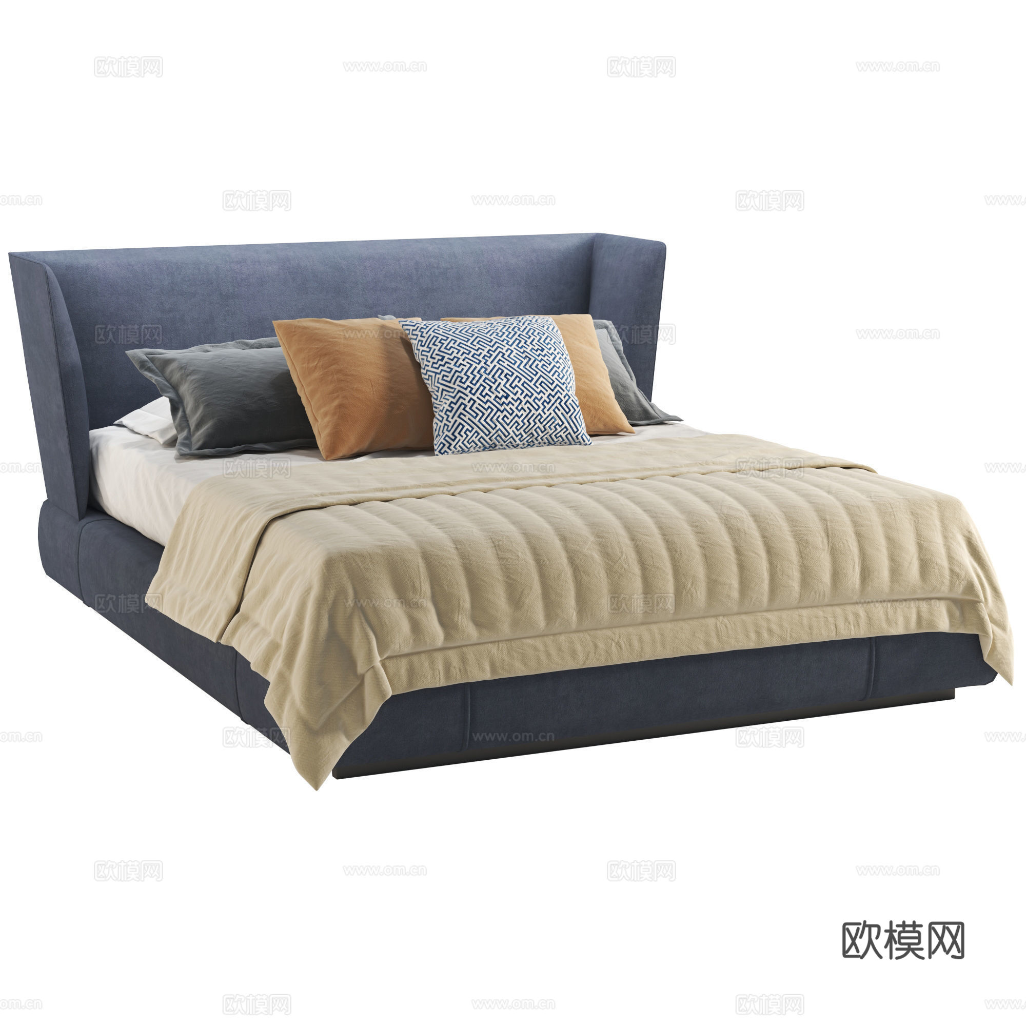 现代意式布艺双人床3d模型