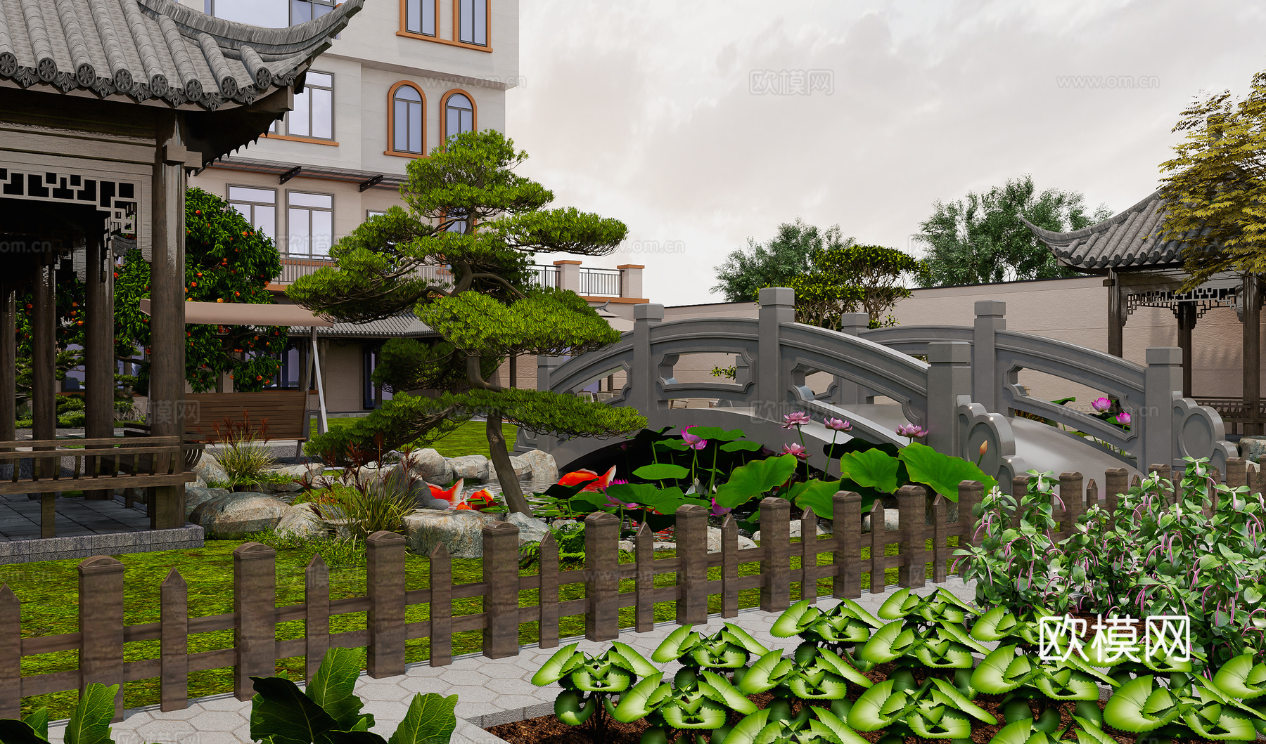 新中式鱼池 庭院景观 鱼池景观 小桥 荷花3d模型