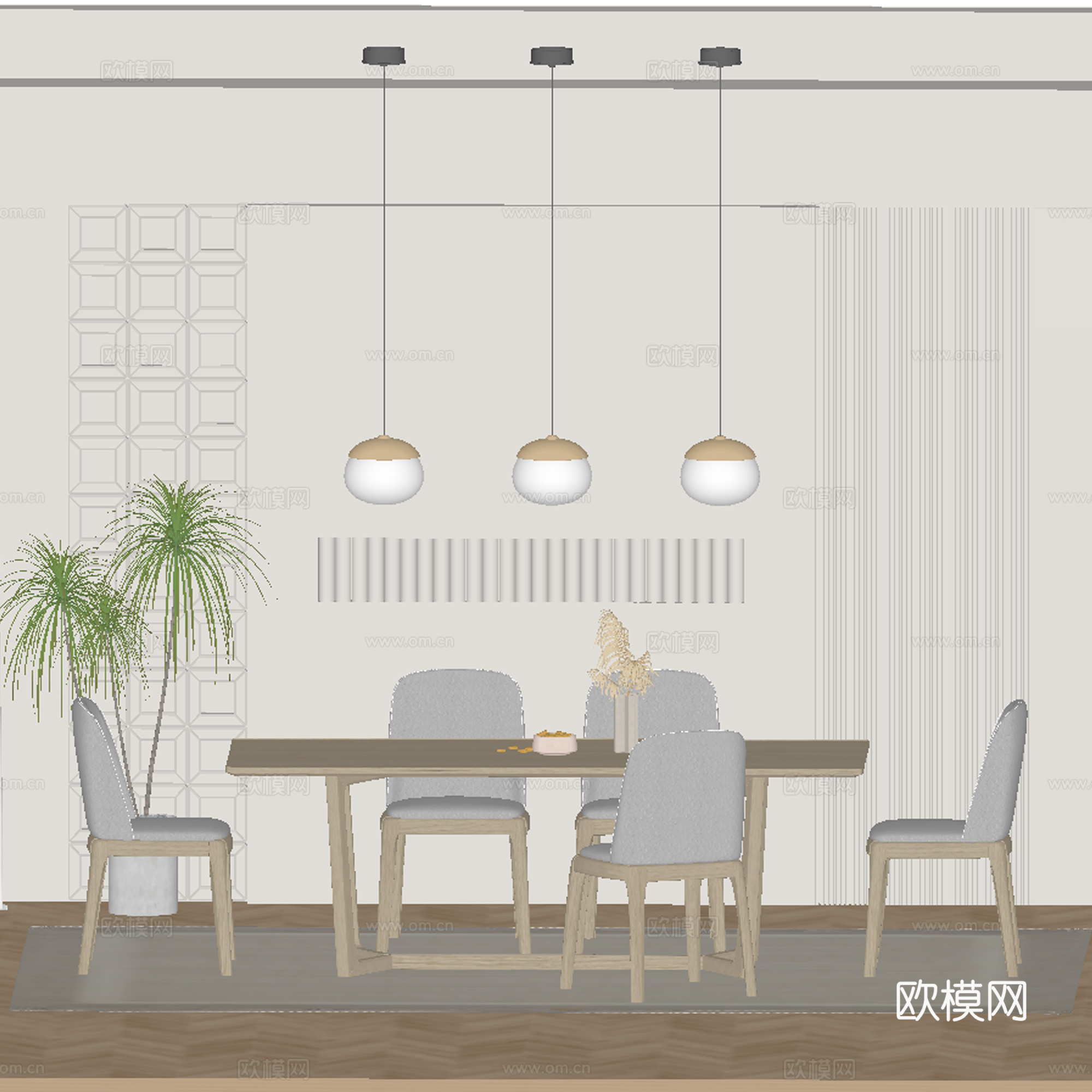 奶油风餐厅 餐桌椅su模型