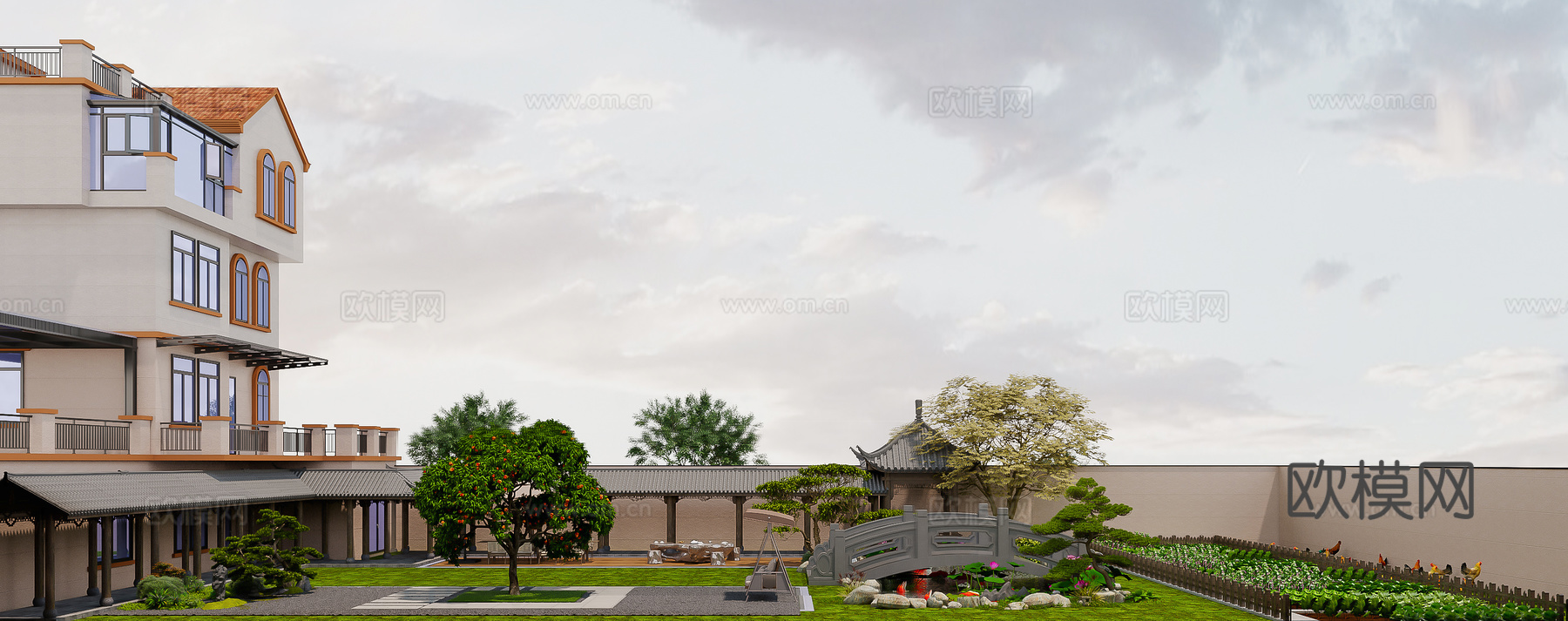 新中式庭院 别墅庭院景观 鱼池水景  新中式回廊3d模型