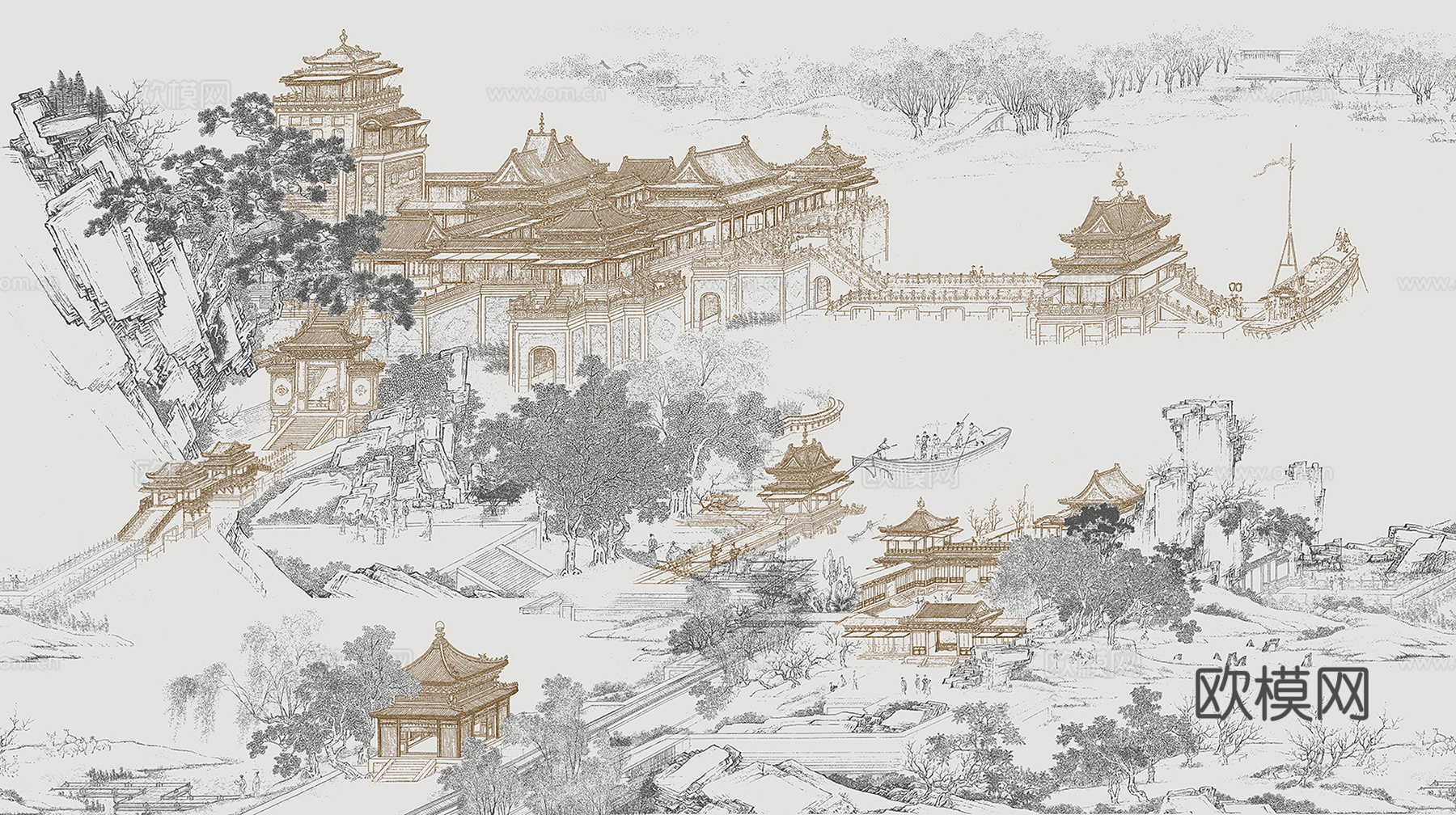中式山水建筑壁纸壁画 新中式山水建筑壁纸壁画