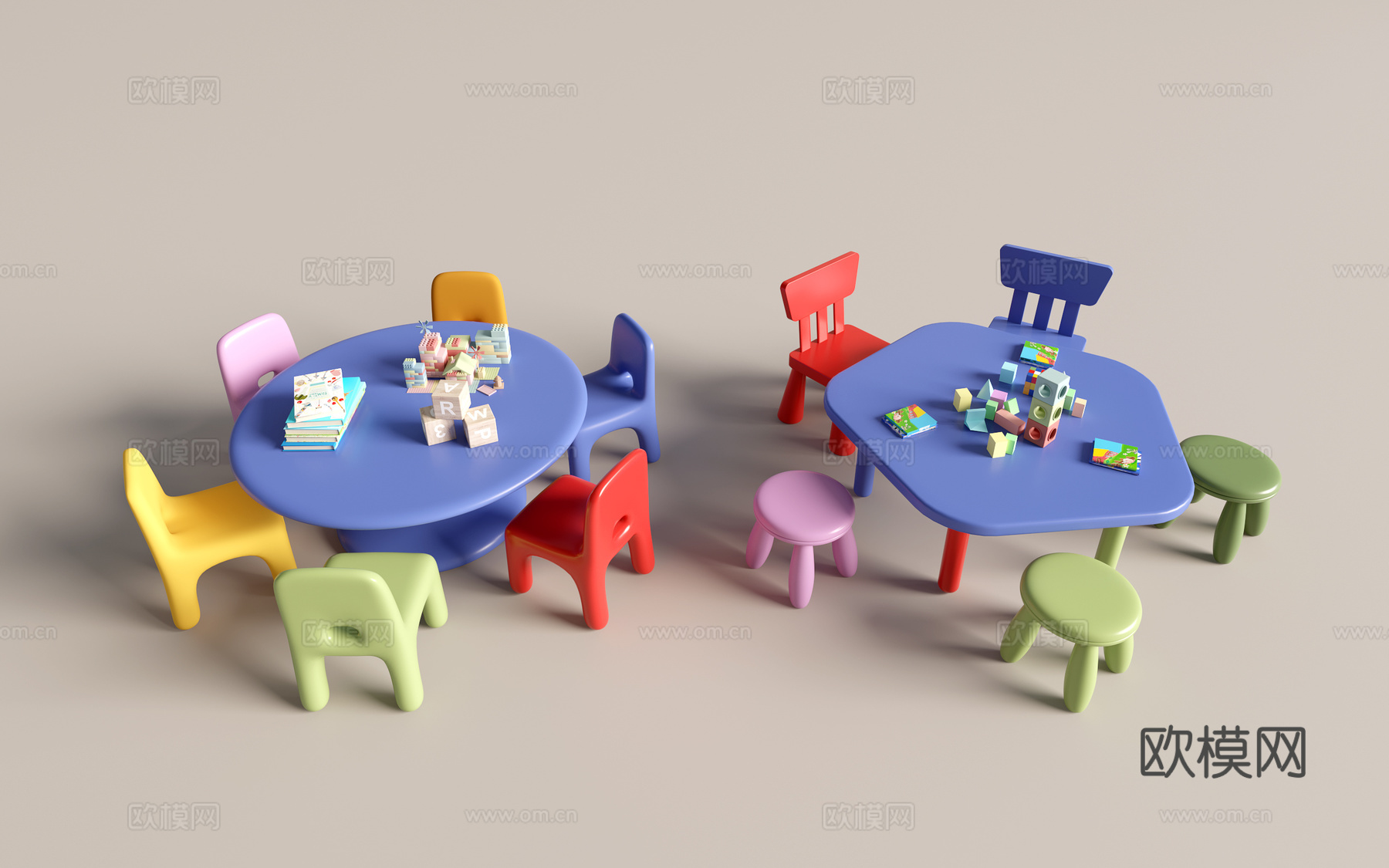 现代幼儿园桌椅 幼儿园玩具 儿童座椅组合 儿童手工桌 卡通桌3d模型