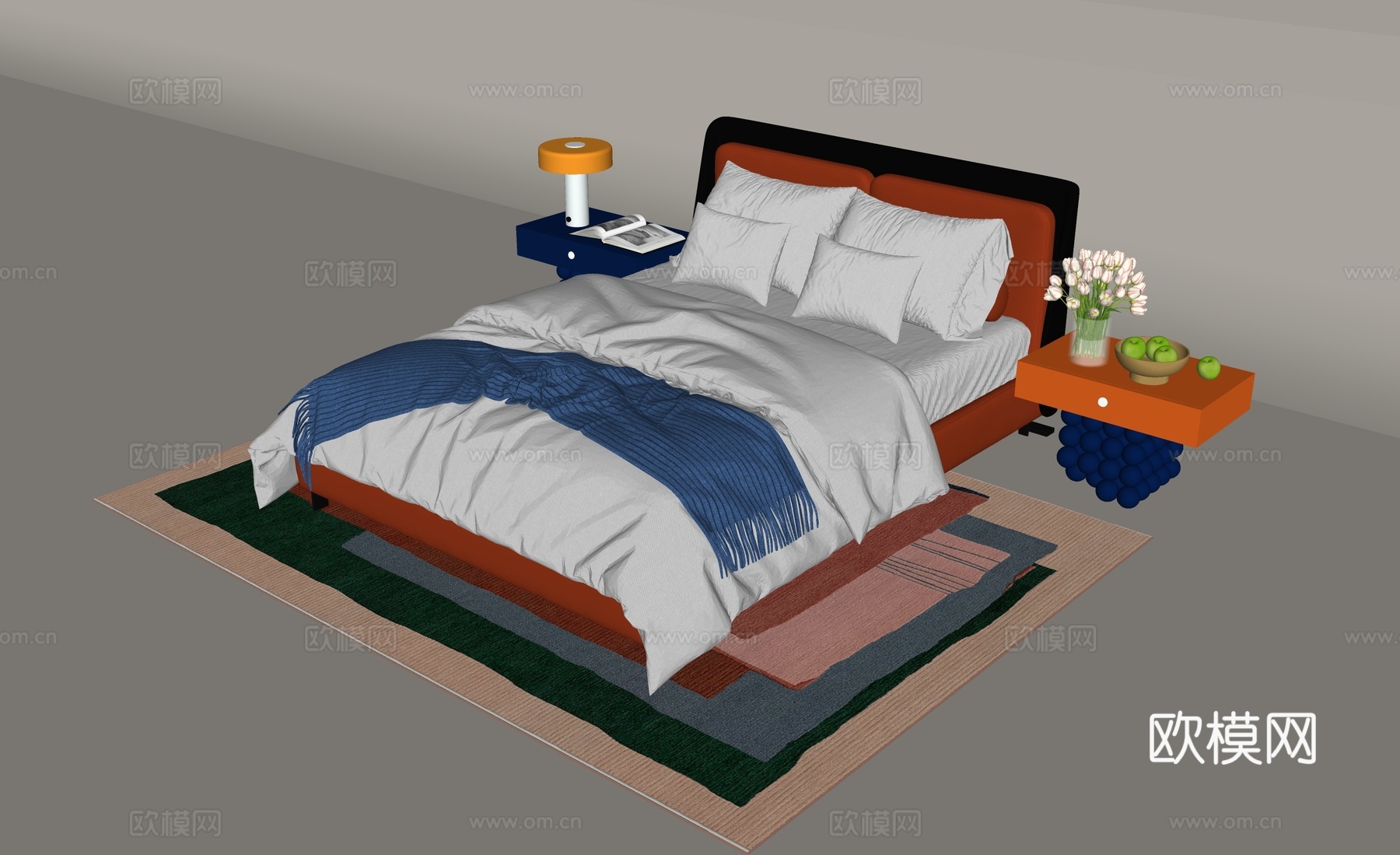 现代多巴胺双人床 床头柜su模型下载（渲染图2）