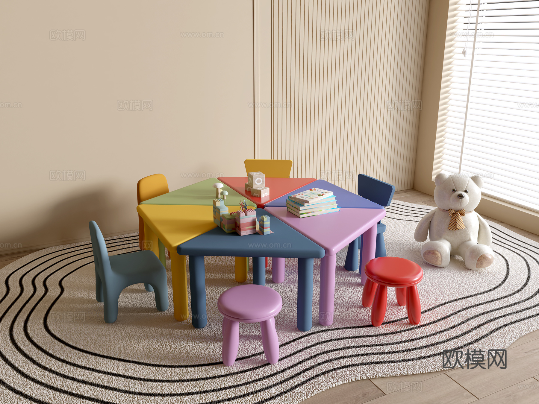 现代幼儿园桌椅 幼儿园玩具 儿童座椅组合 儿童手工桌 卡通桌3d模型