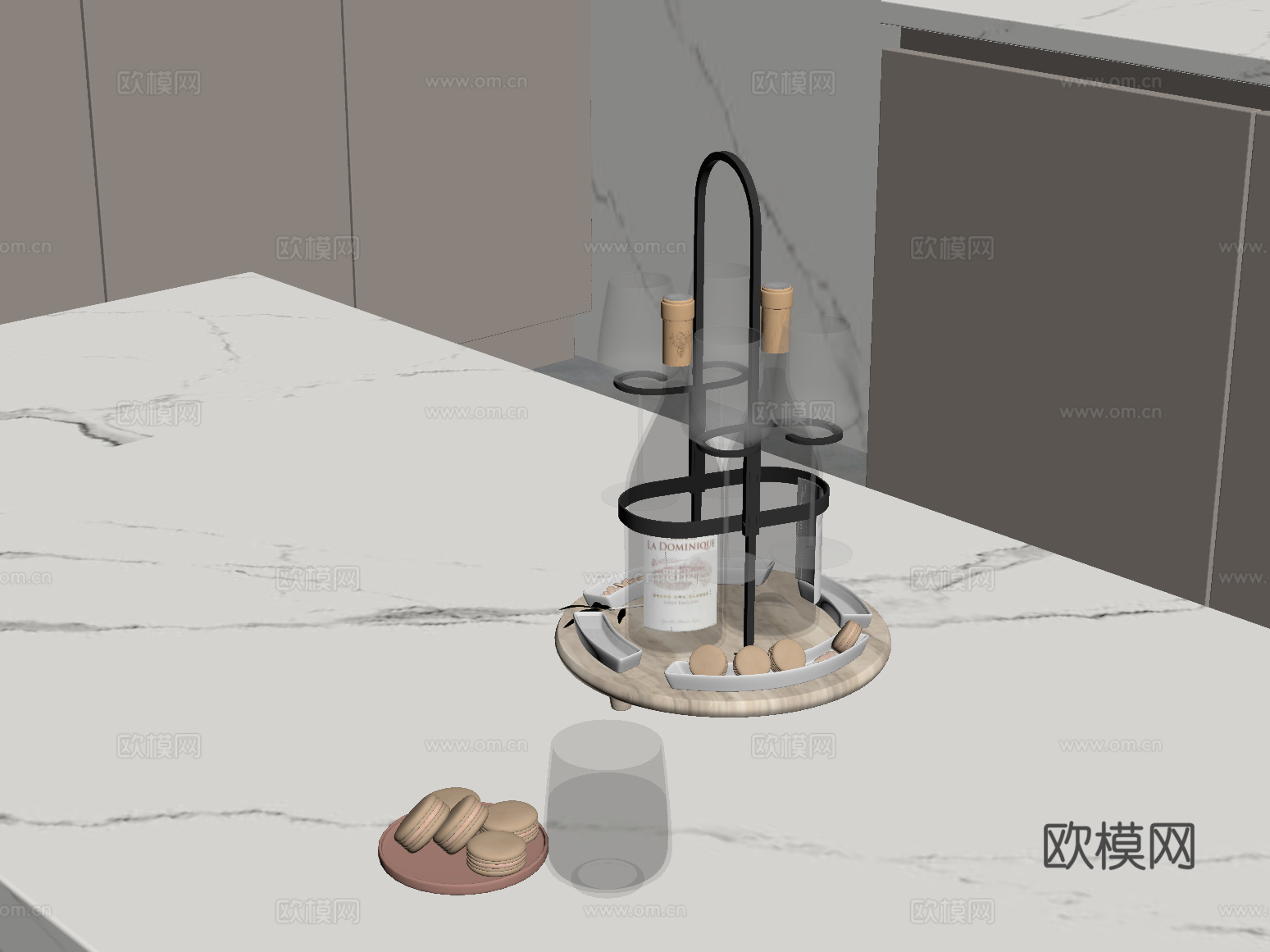 摆件 现代摆件组合 厨房用品 酒瓶酒杯 食物su模型
