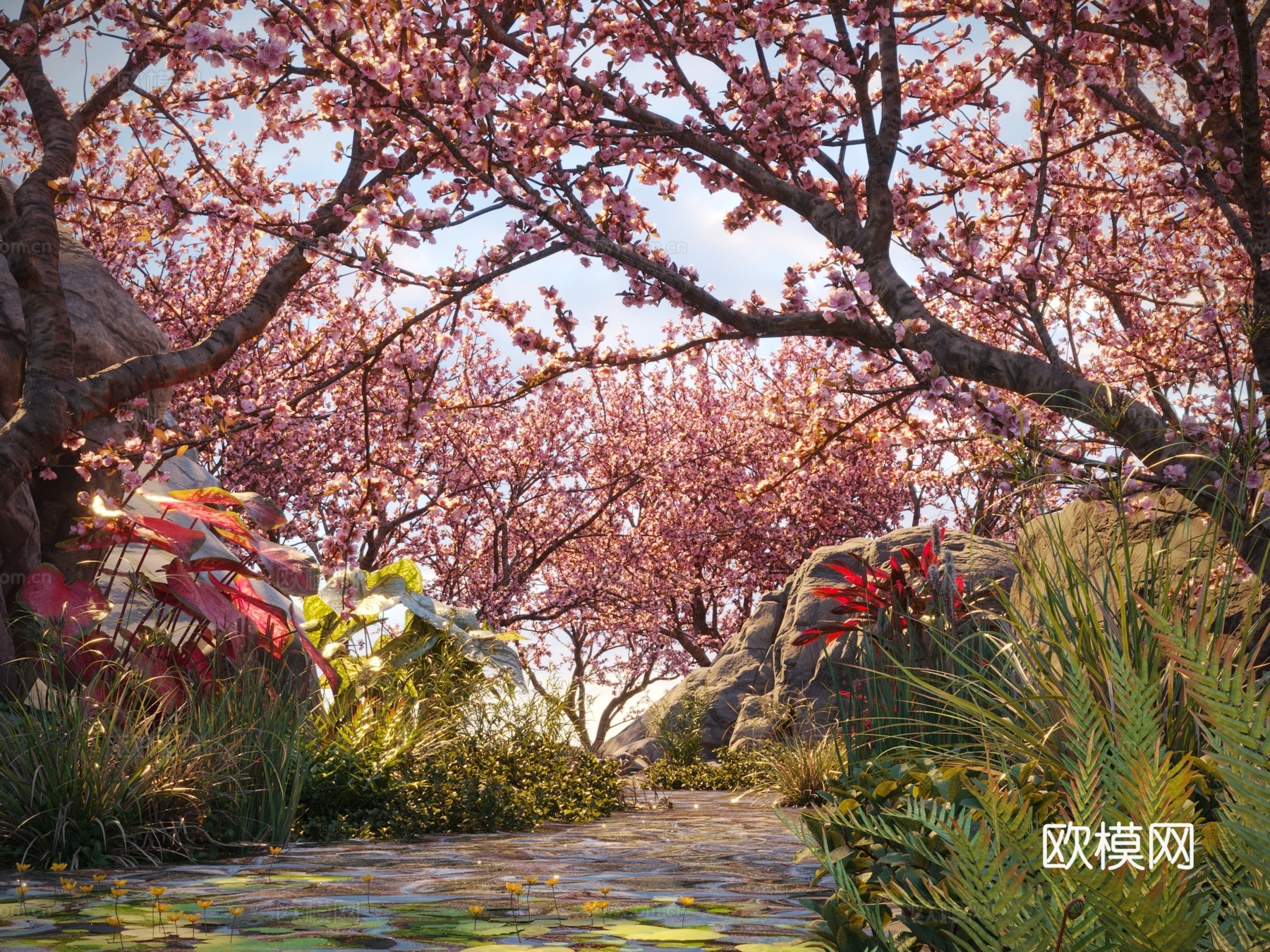 花树 水生植物 浮萍 石头 水边 溪流3d模型