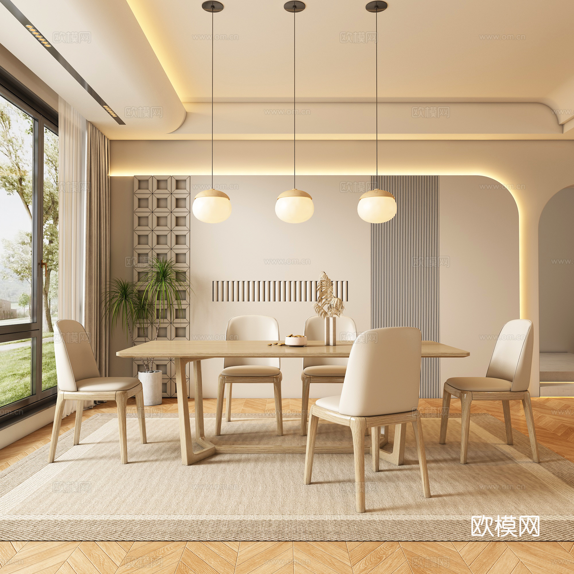 奶油风餐厅 餐桌椅su模型