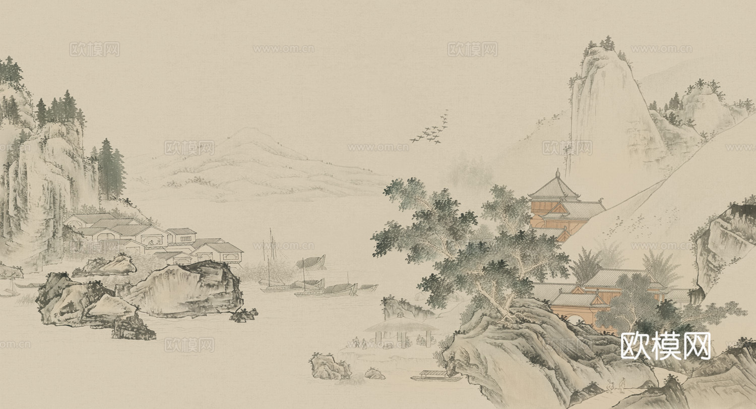 中式山水建筑壁纸壁画 新中式山水建筑壁纸壁画