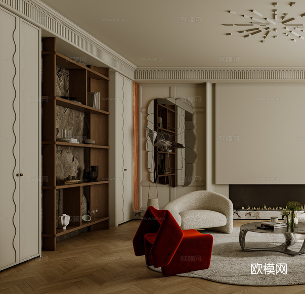法式客廳 沙發(fā)茶幾組合 單人沙發(fā) 弧形沙發(fā) 邊幾3d模型下載(渲染圖3)