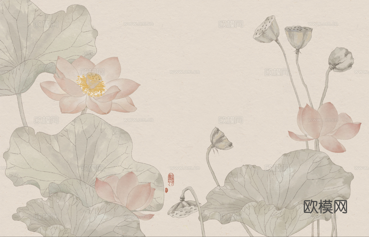 新中式荷花禅意壁画贴图