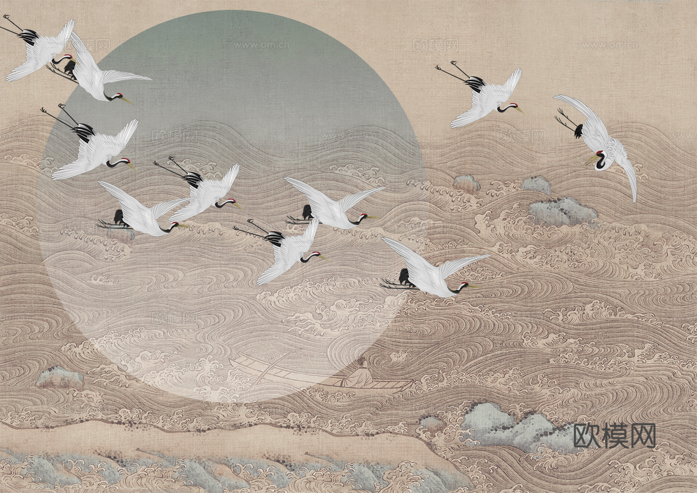 中式山水仙鹤壁纸壁画 新中式仙鹤壁纸壁画