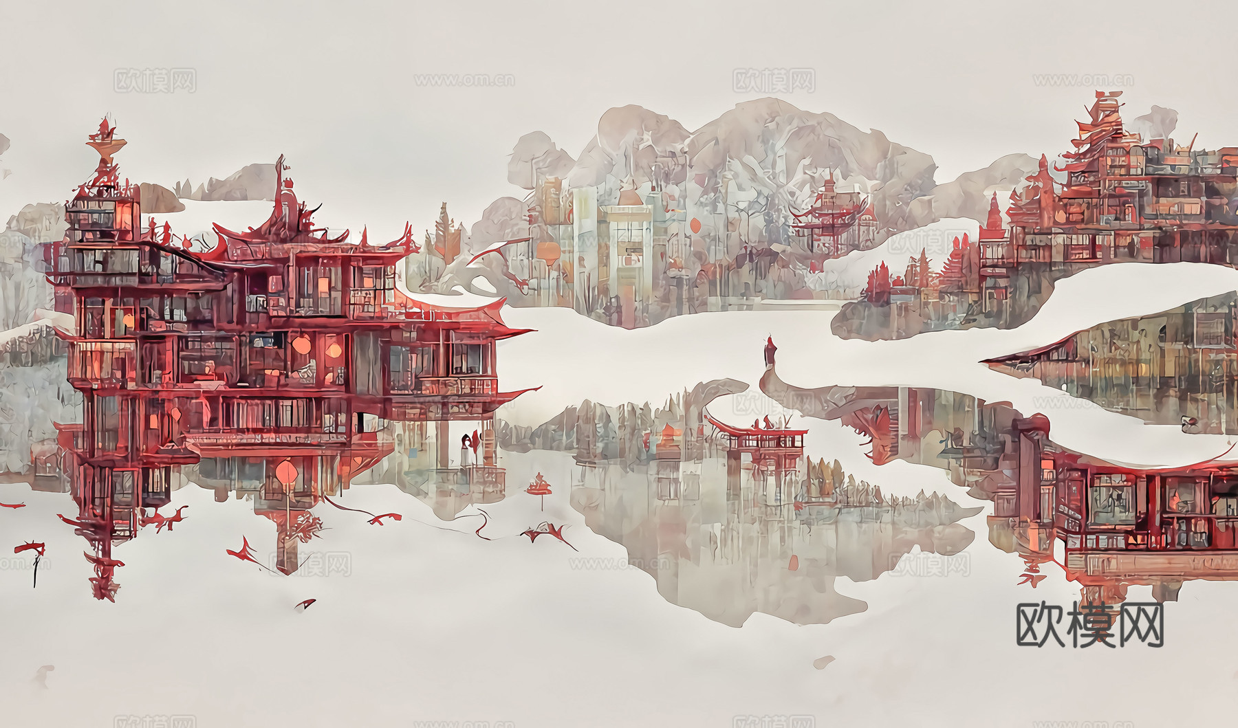 中式山水建筑壁纸壁画 新中式山水建筑壁纸壁画