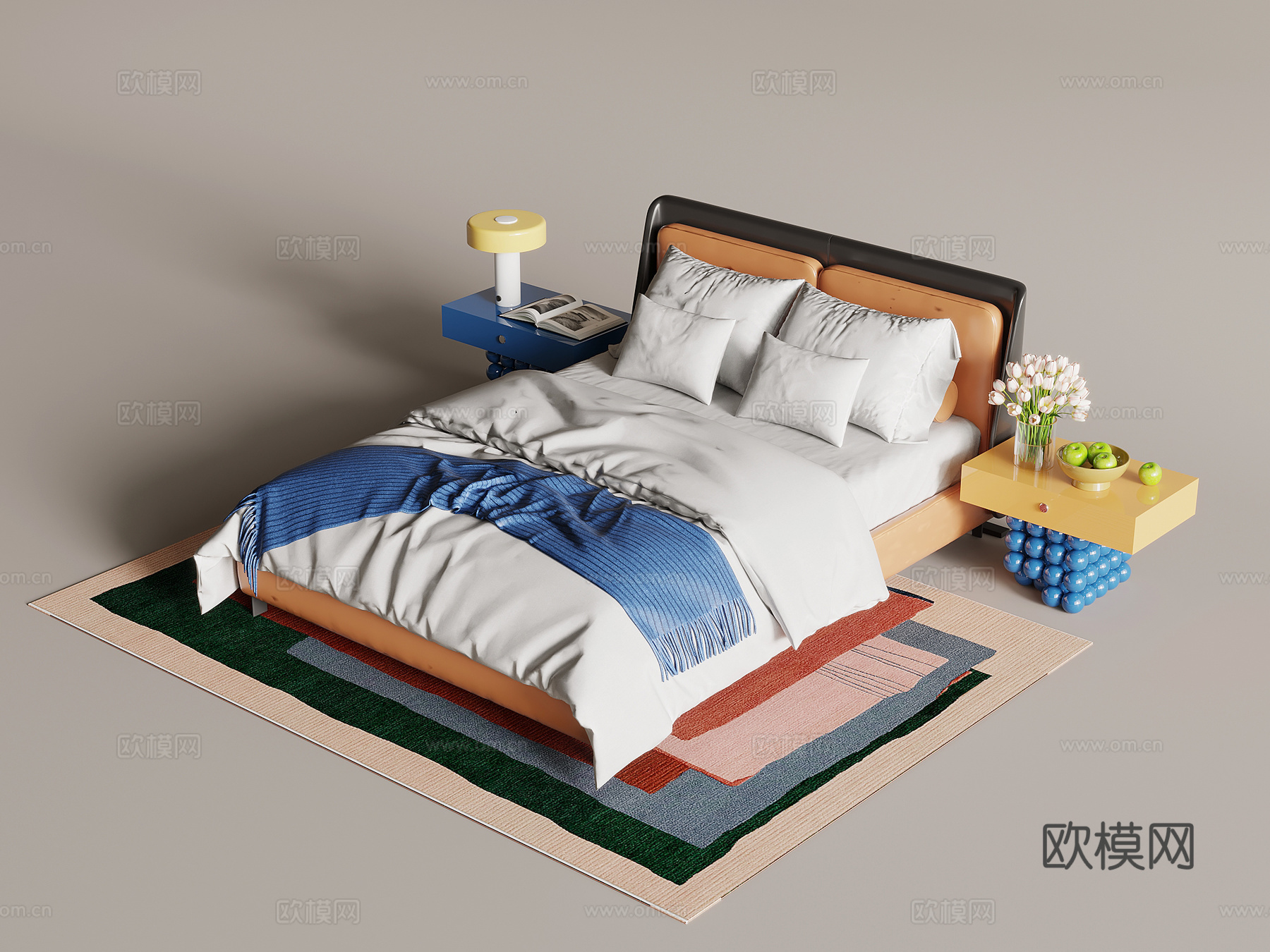 现代多巴胺双人床 床头柜su模型下载（渲染图1）