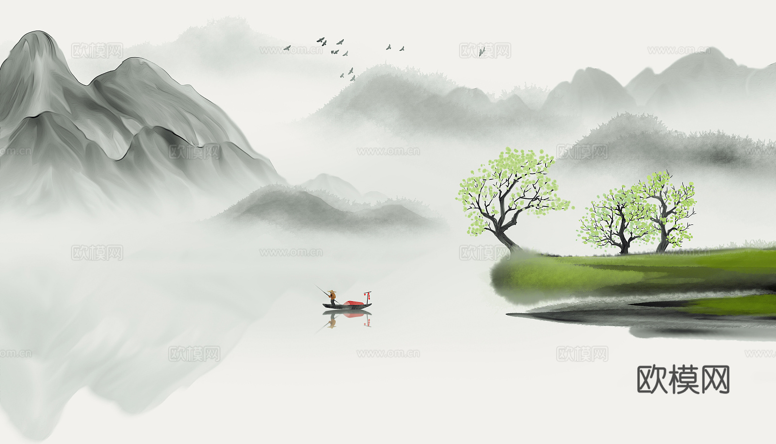 中式山水水墨壁纸壁画 新中式山水水墨壁纸壁画