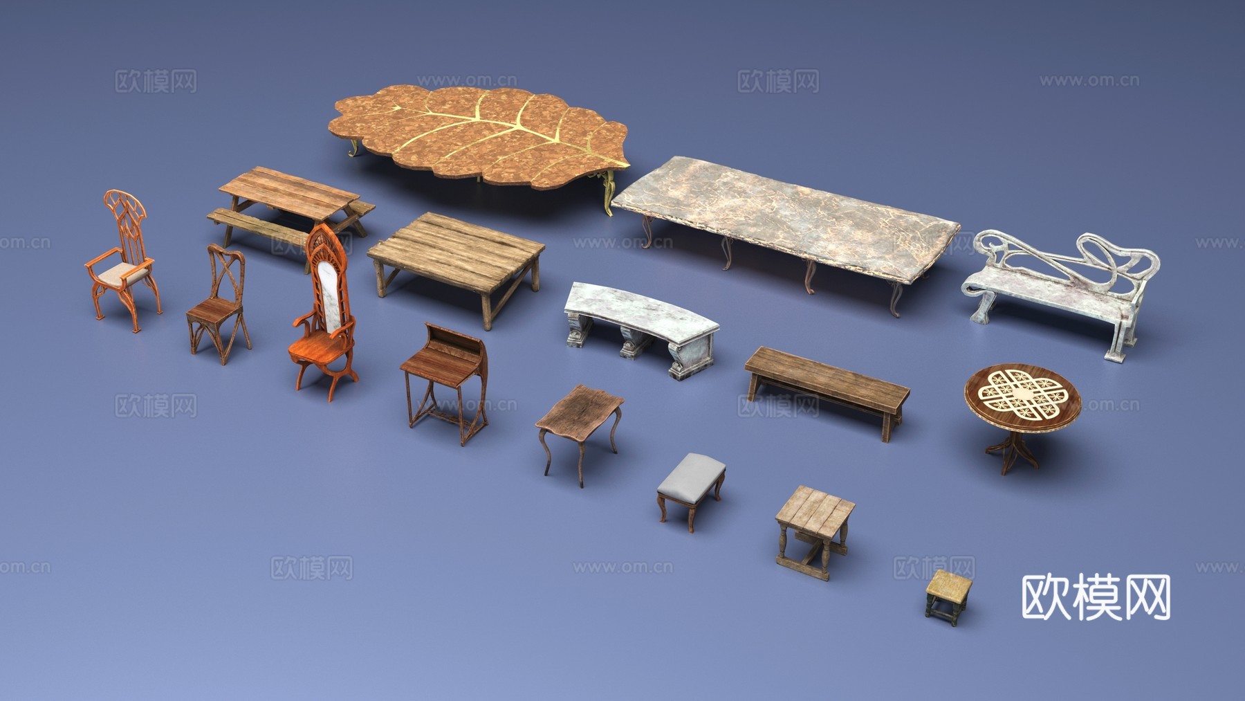 复古欧式桌椅3d模型下载（渲染图1）