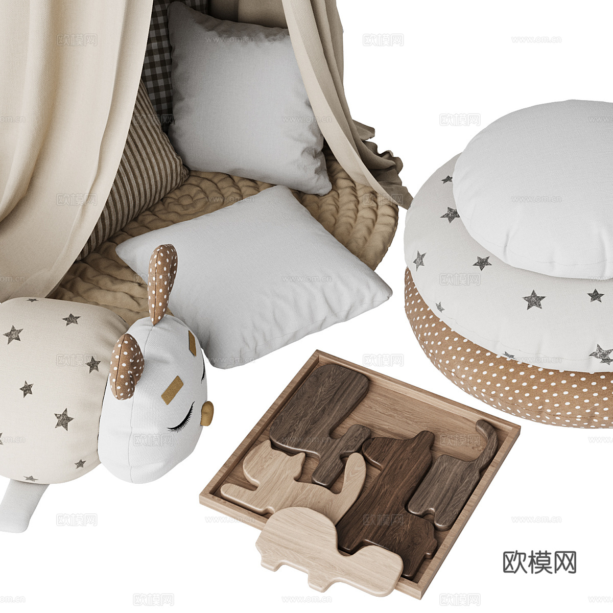 现代奶油风儿童帐篷 儿童毛绒玩具3d模型