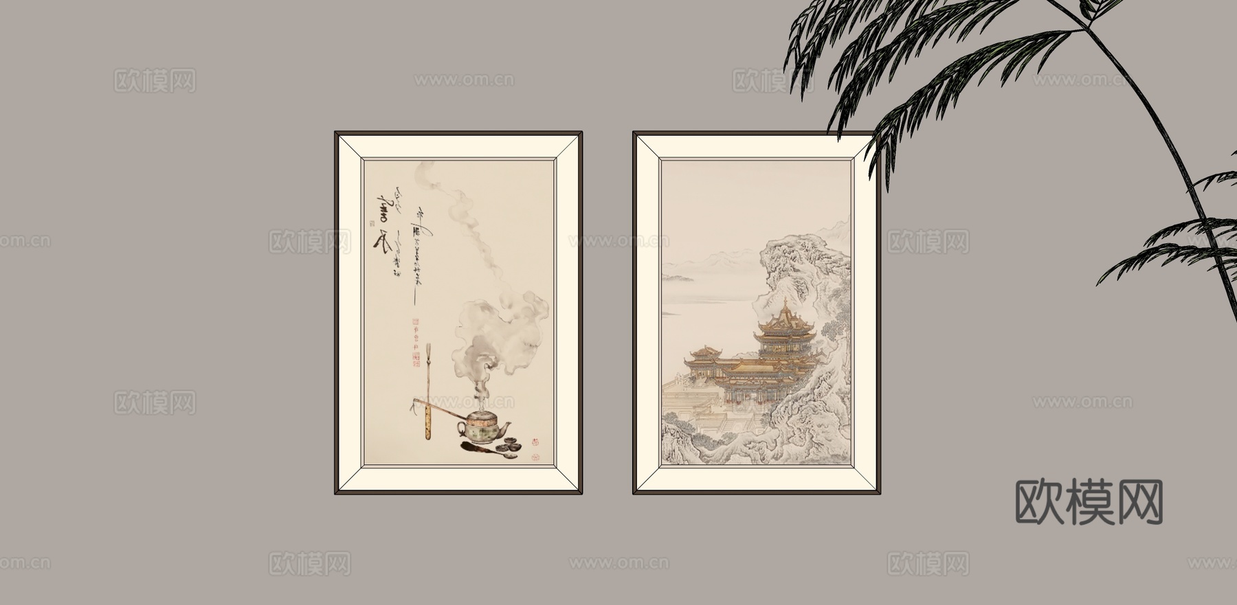 新中式组合挂画su模型