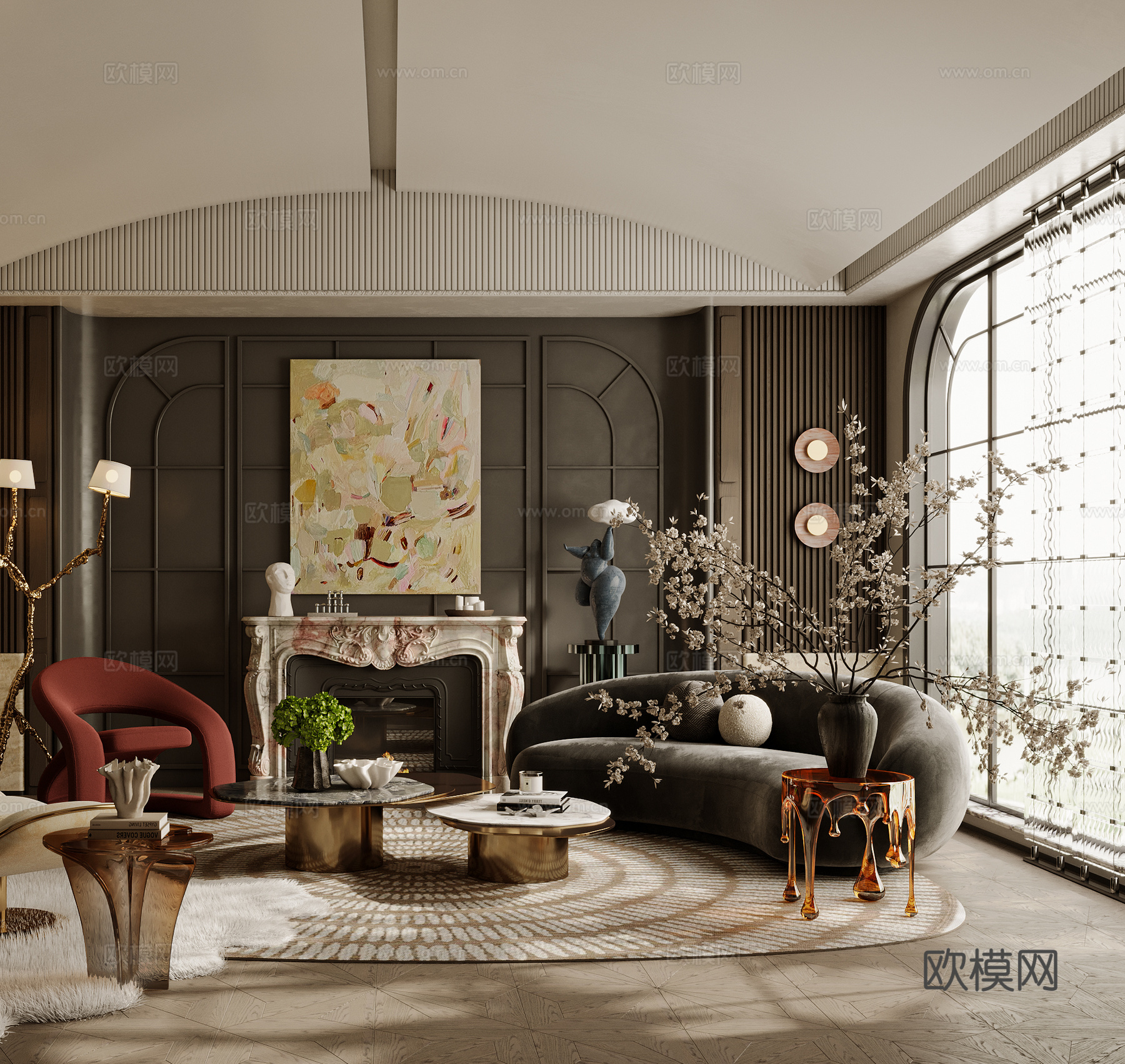 法式客厅 沙发茶几组合  单人沙发 弧形沙发 边几3d模型