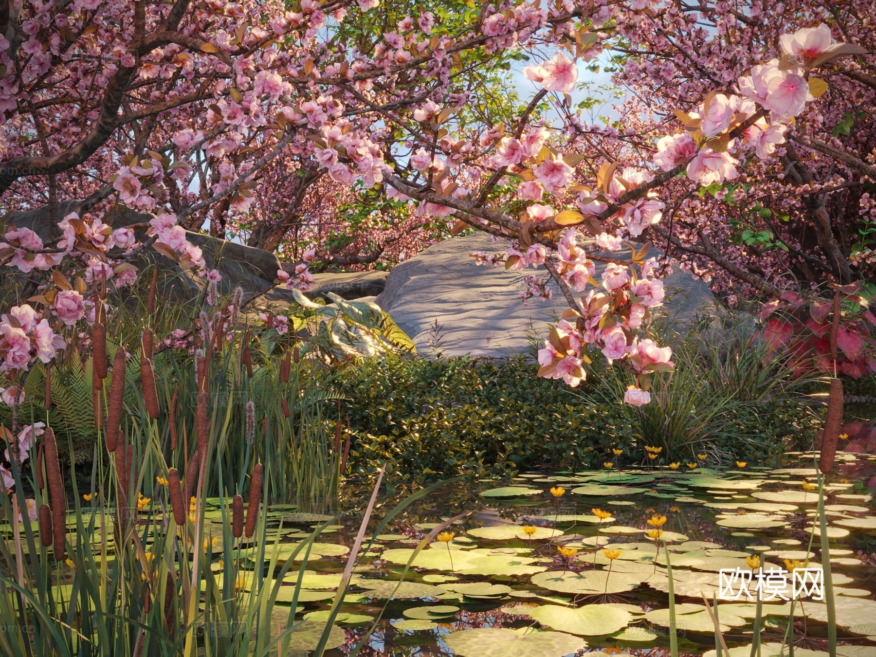 花树 水生植物 浮萍 石头 水边 溪流3d模型