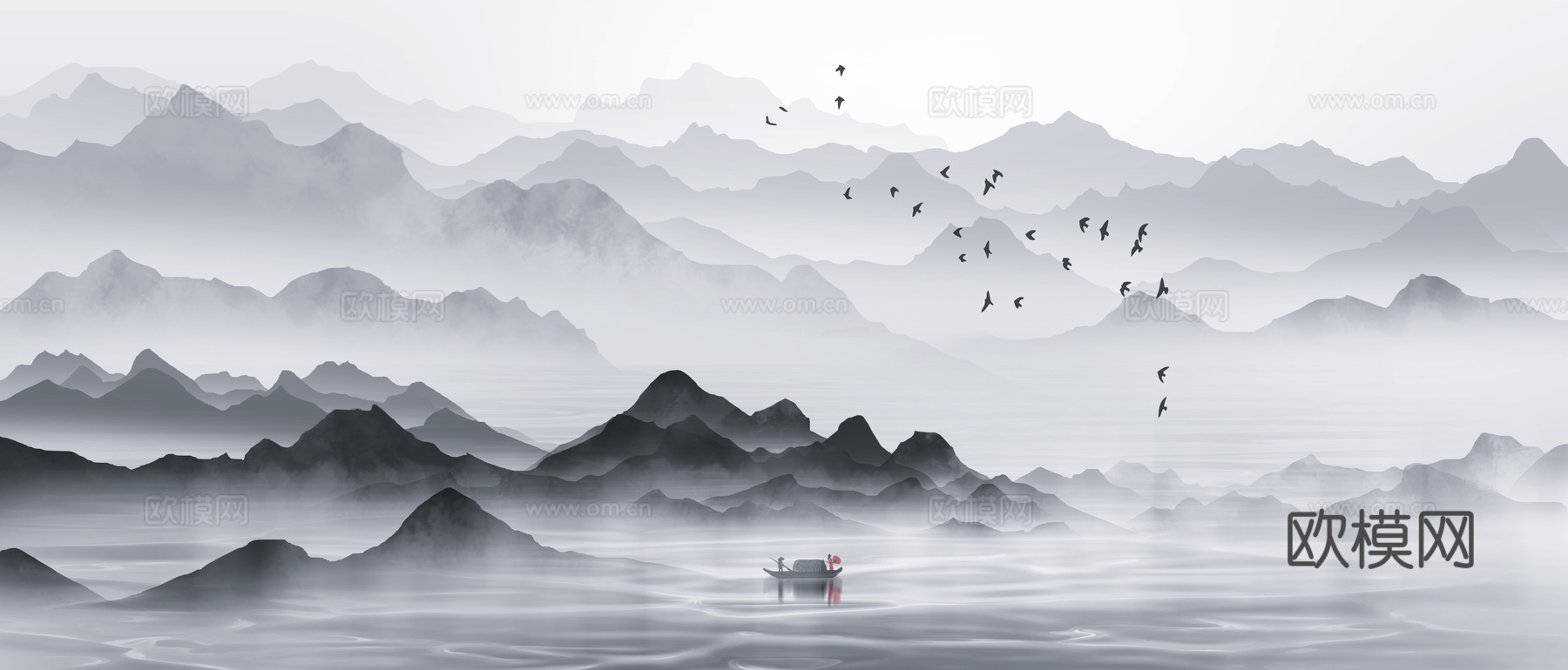 新中式山水水墨壁纸壁画  中式山水壁纸壁画