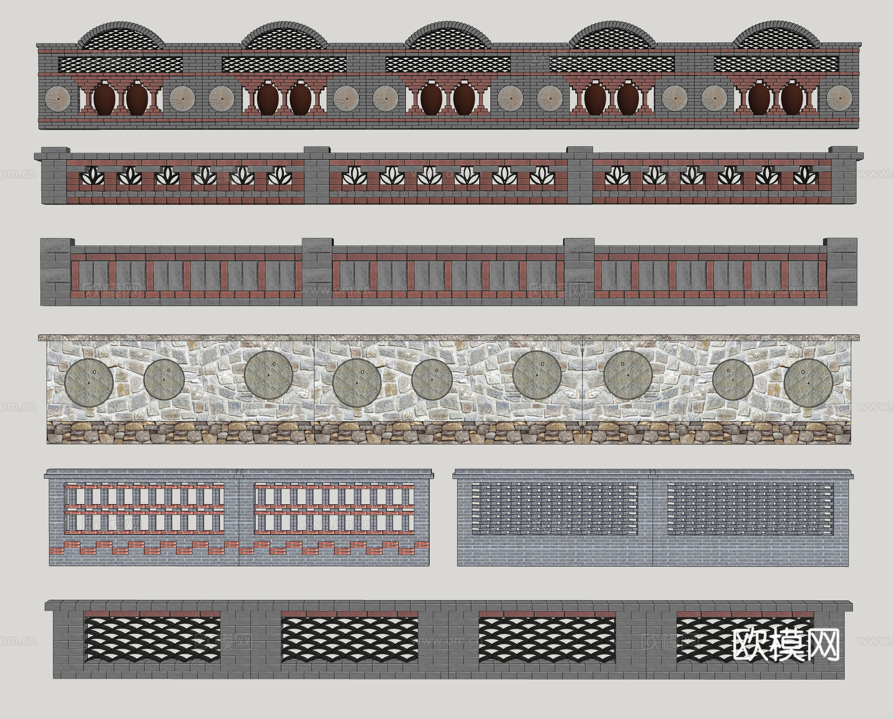 新中式乡村景墙 院墙 民俗景墙 毛石景墙 墙 直线 围墙su模型