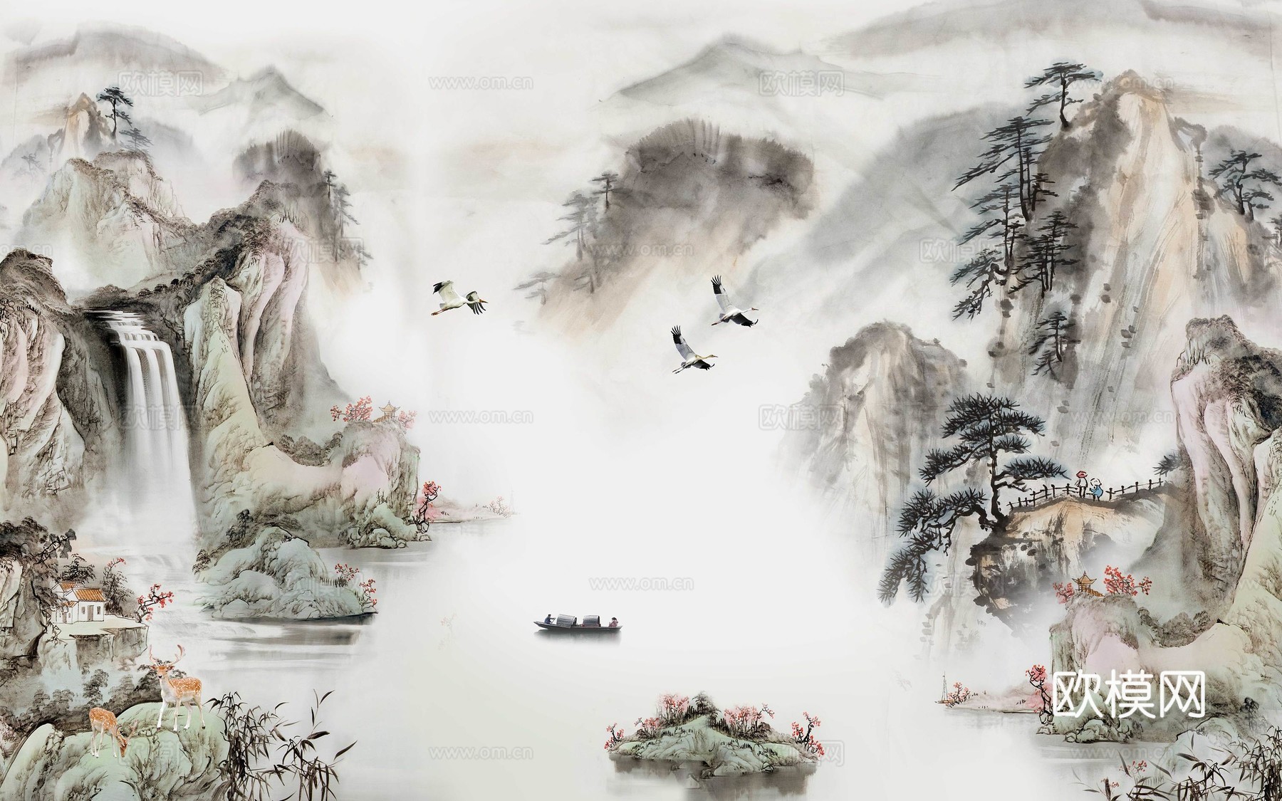 中式新中式山水意境高山流水壁纸壁画装饰画