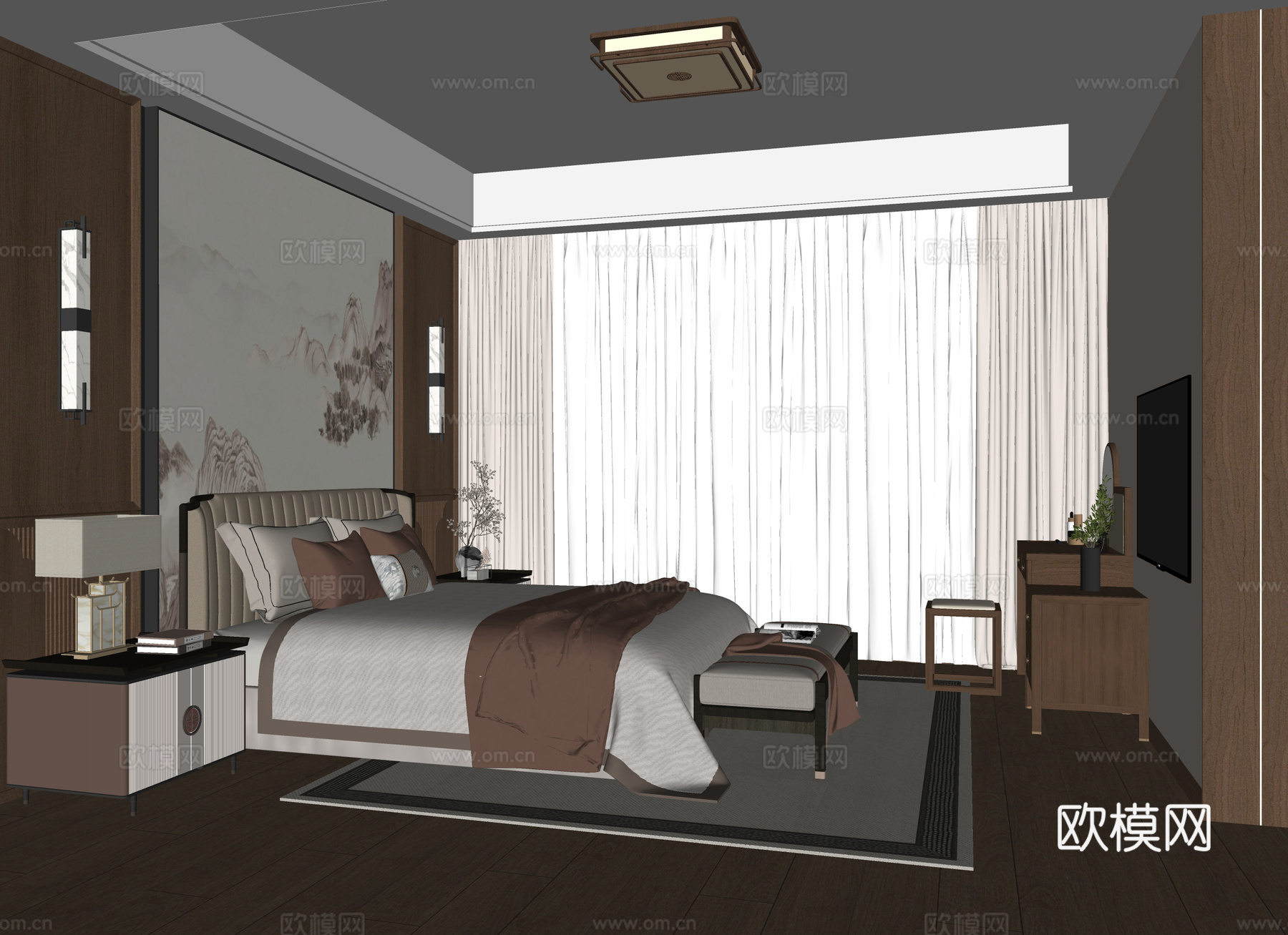 新中式卧室su模型下载（渲染图2）