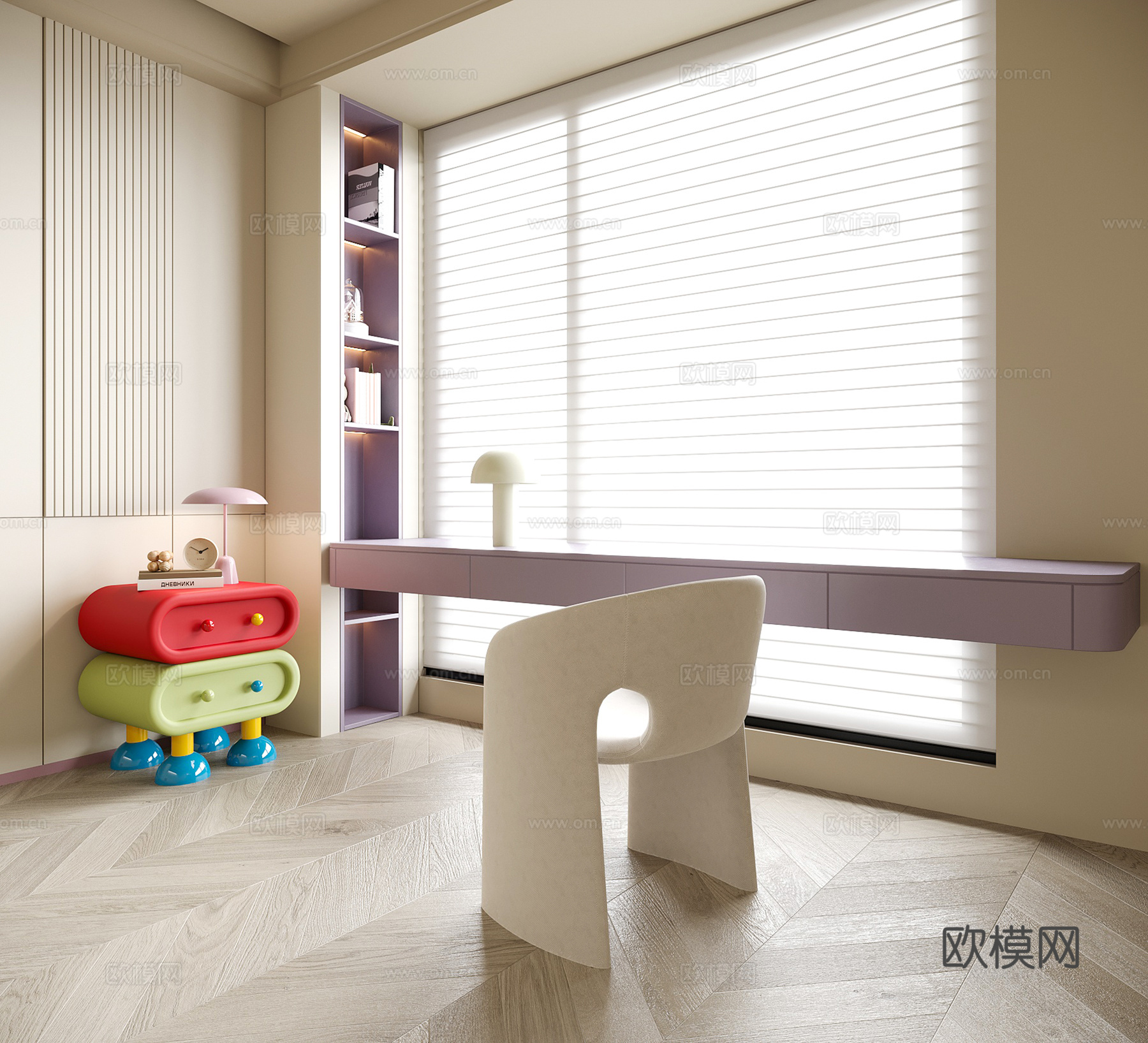 现代卧室书桌椅 儿童床头柜 百叶帘3d模型
