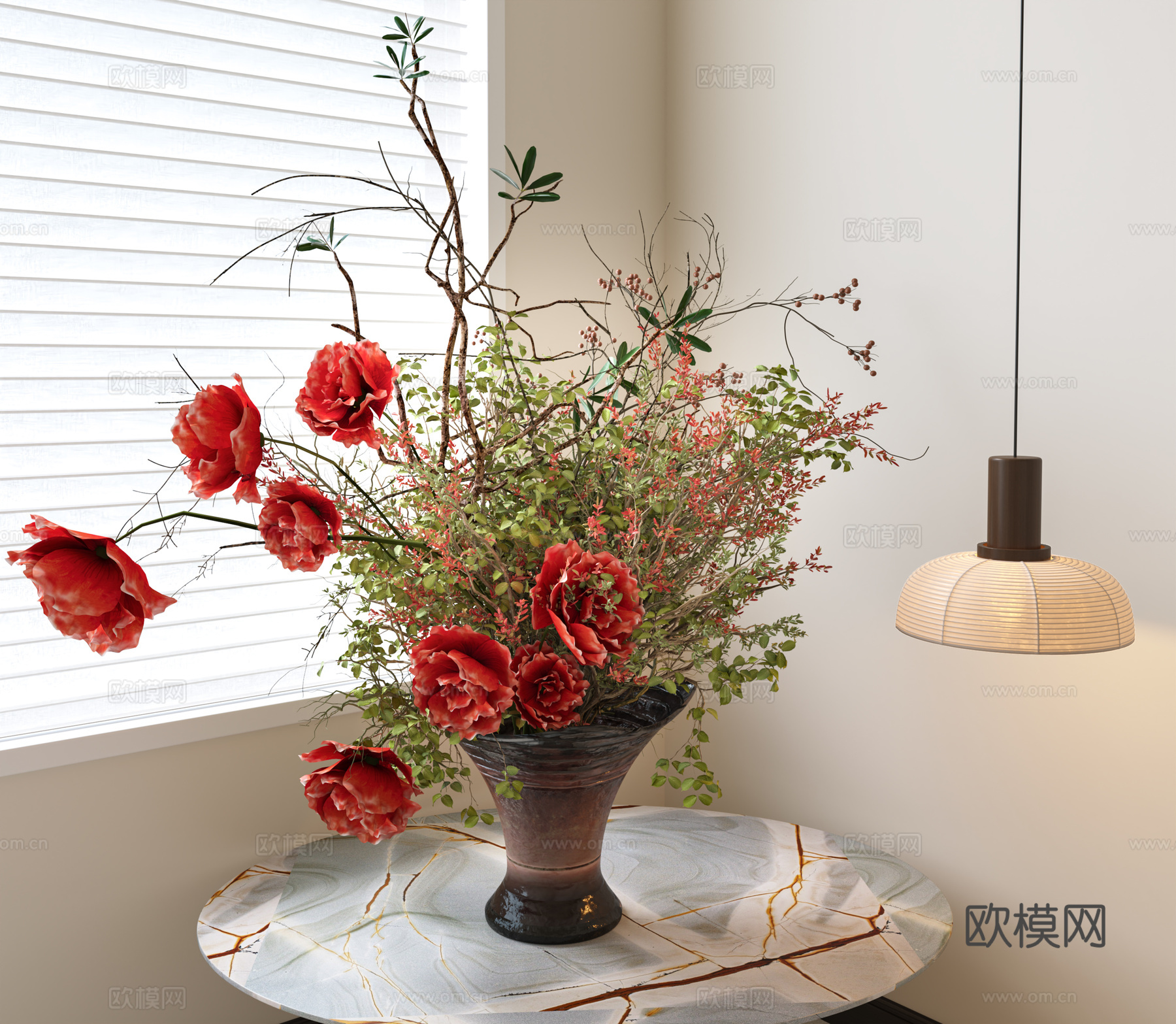 花瓶 中古花艺盆景 陶罐花瓶 干枝花艺 装饰摆件 花 现代花3d模型