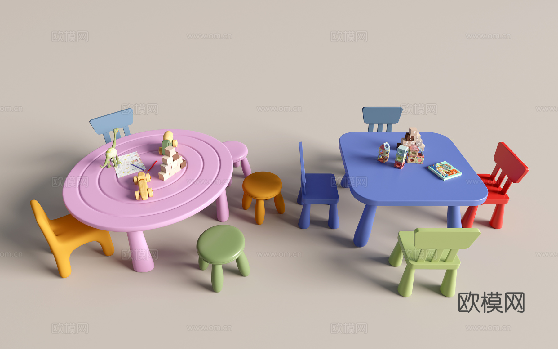 现代幼儿园桌椅 幼儿园玩具 儿童座椅组合 儿童手工桌 卡通桌su模型