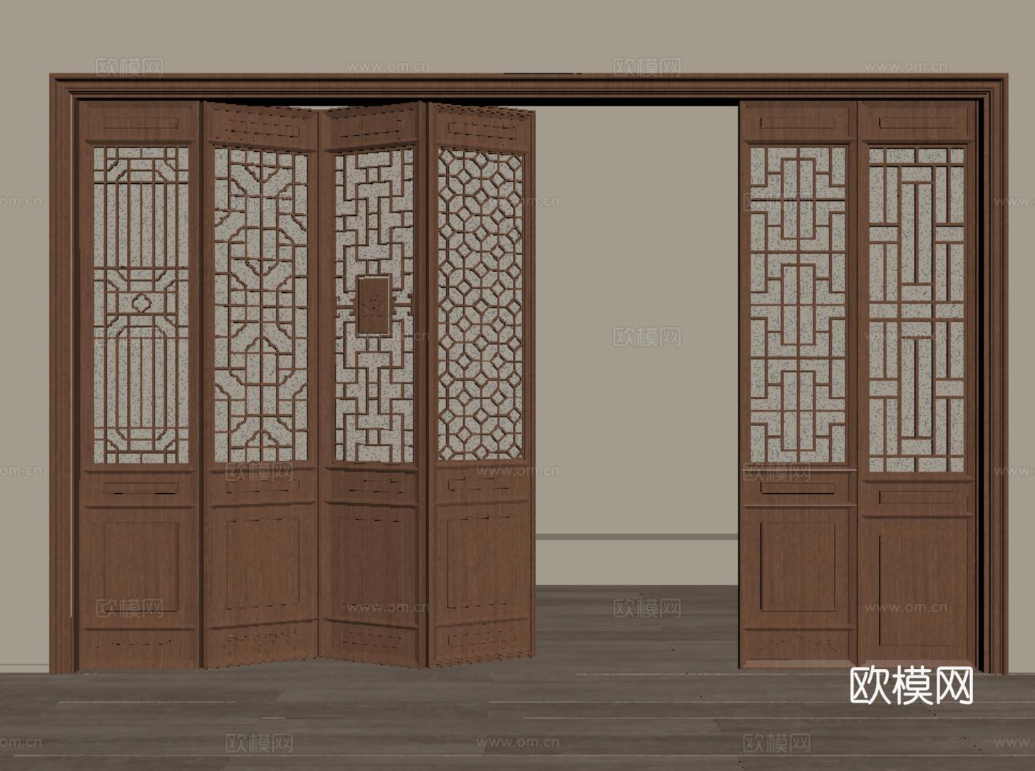 中式镂空折叠门 单开门 隔断屏风 雕花木门 古建门su模型