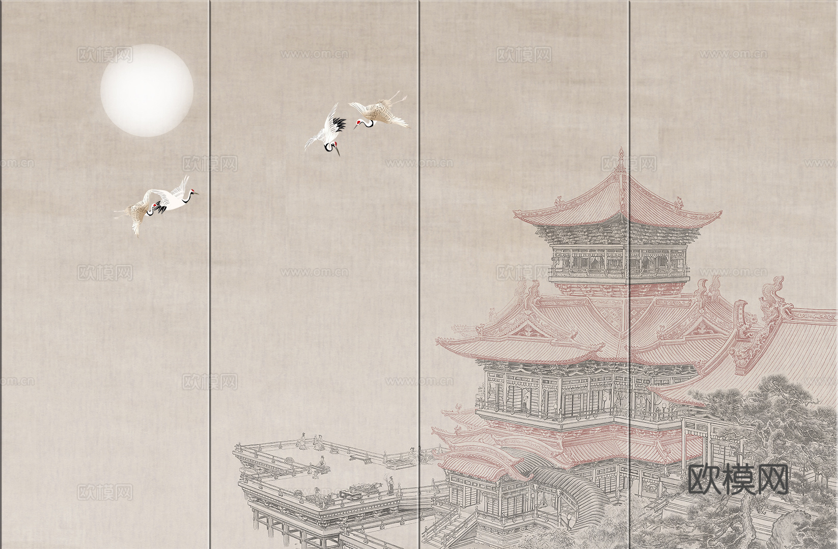 中式楼阁壁纸壁画装饰画