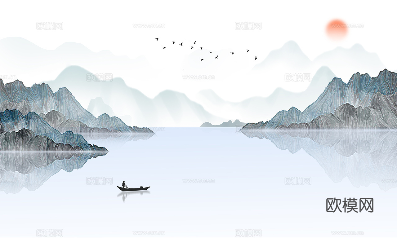 中式山水壁画壁纸  新中式山水壁纸壁画装饰画