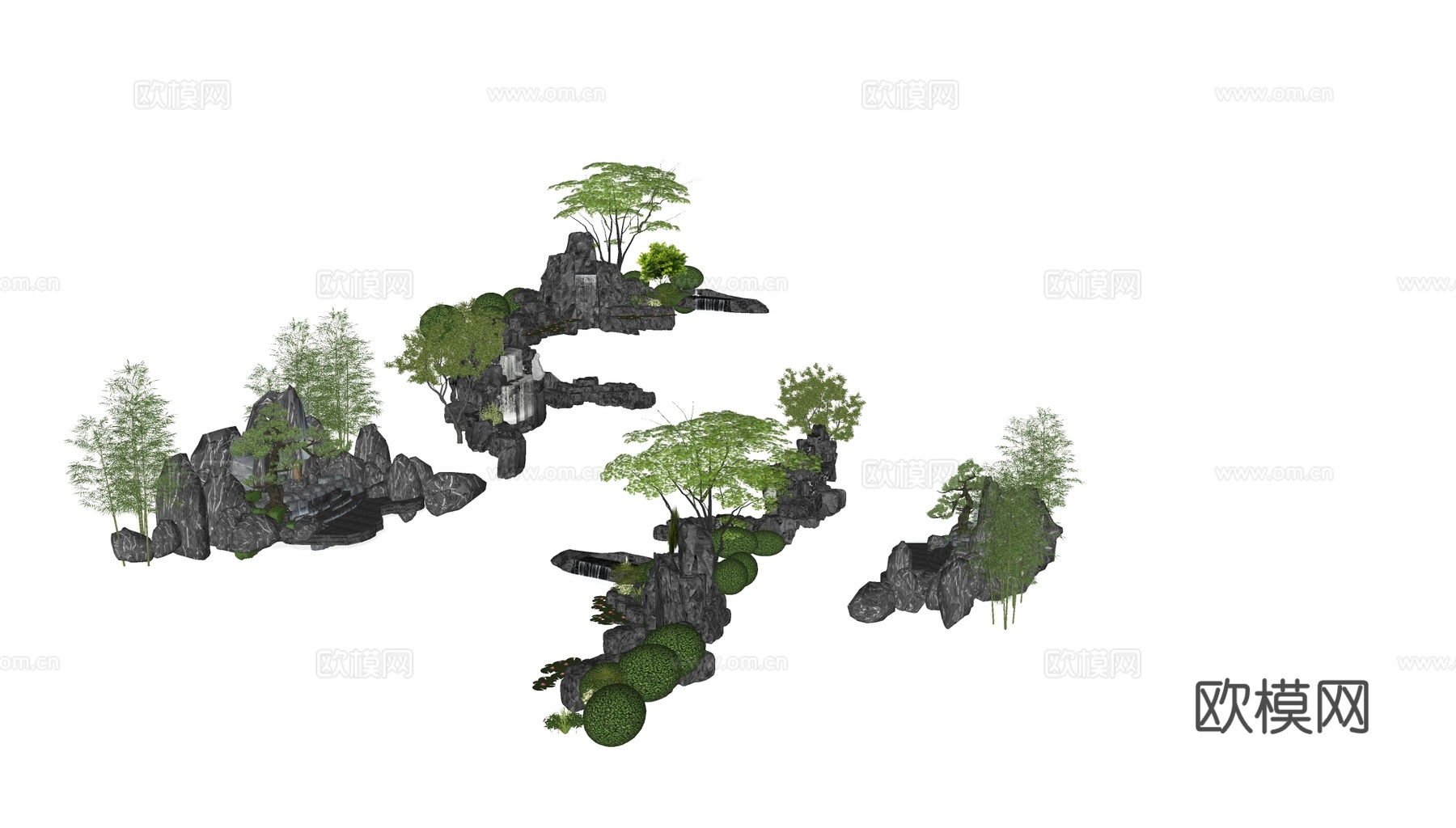 新中式现代假山 新中式庭院石头 庭院石头造景小品 石头岩石su模型